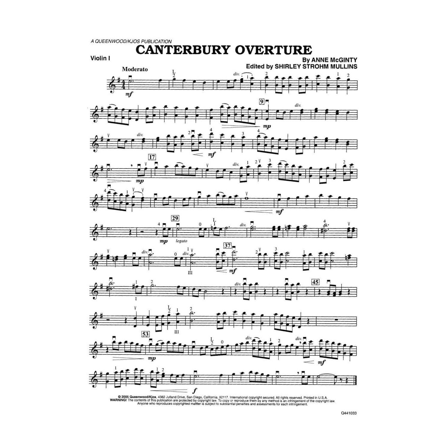 McGinty, Anne - Canterbury Overture - String Orchestra - Score and Parts - edited by Shirley Strohm Mullins - Queenwood Publishing (Kjos)