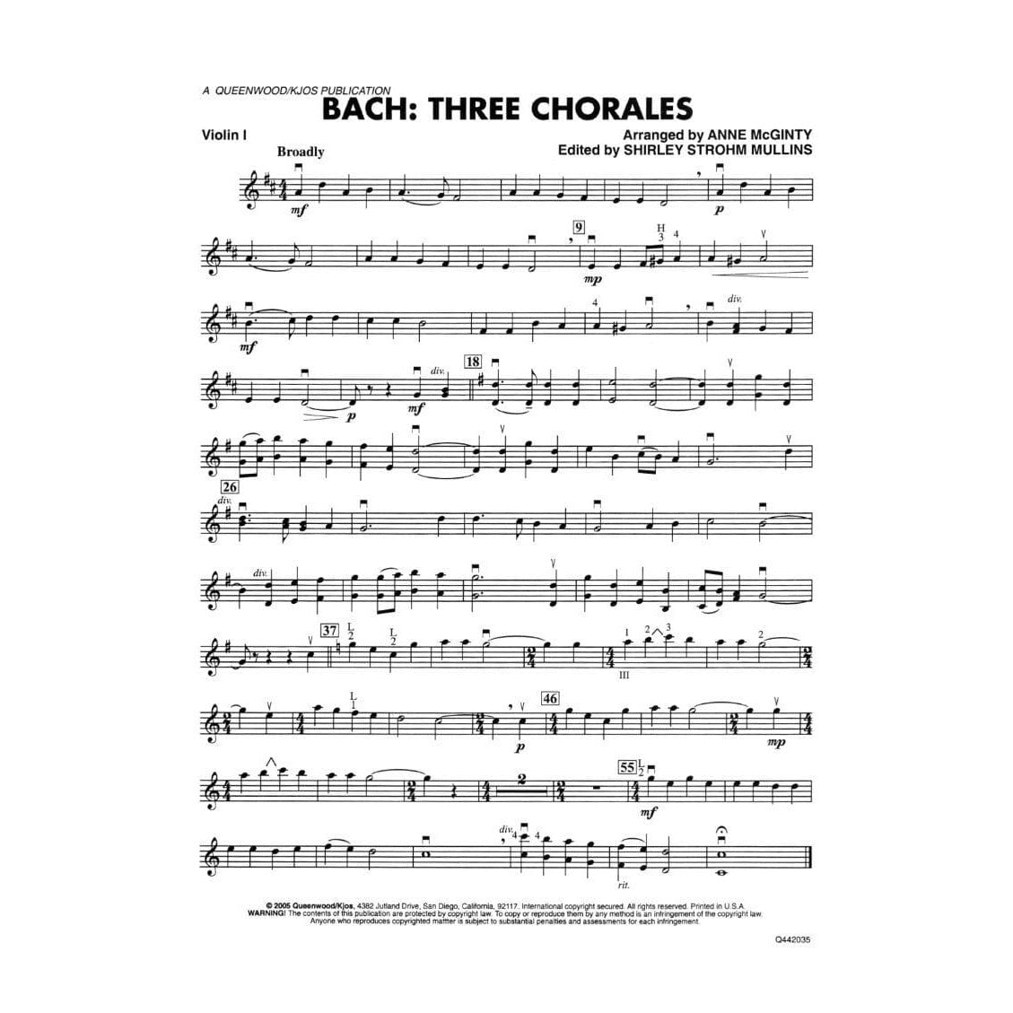 Bach, JS - 3 Chorales - Arranged by McGinty-Mullins - Kjos Publication