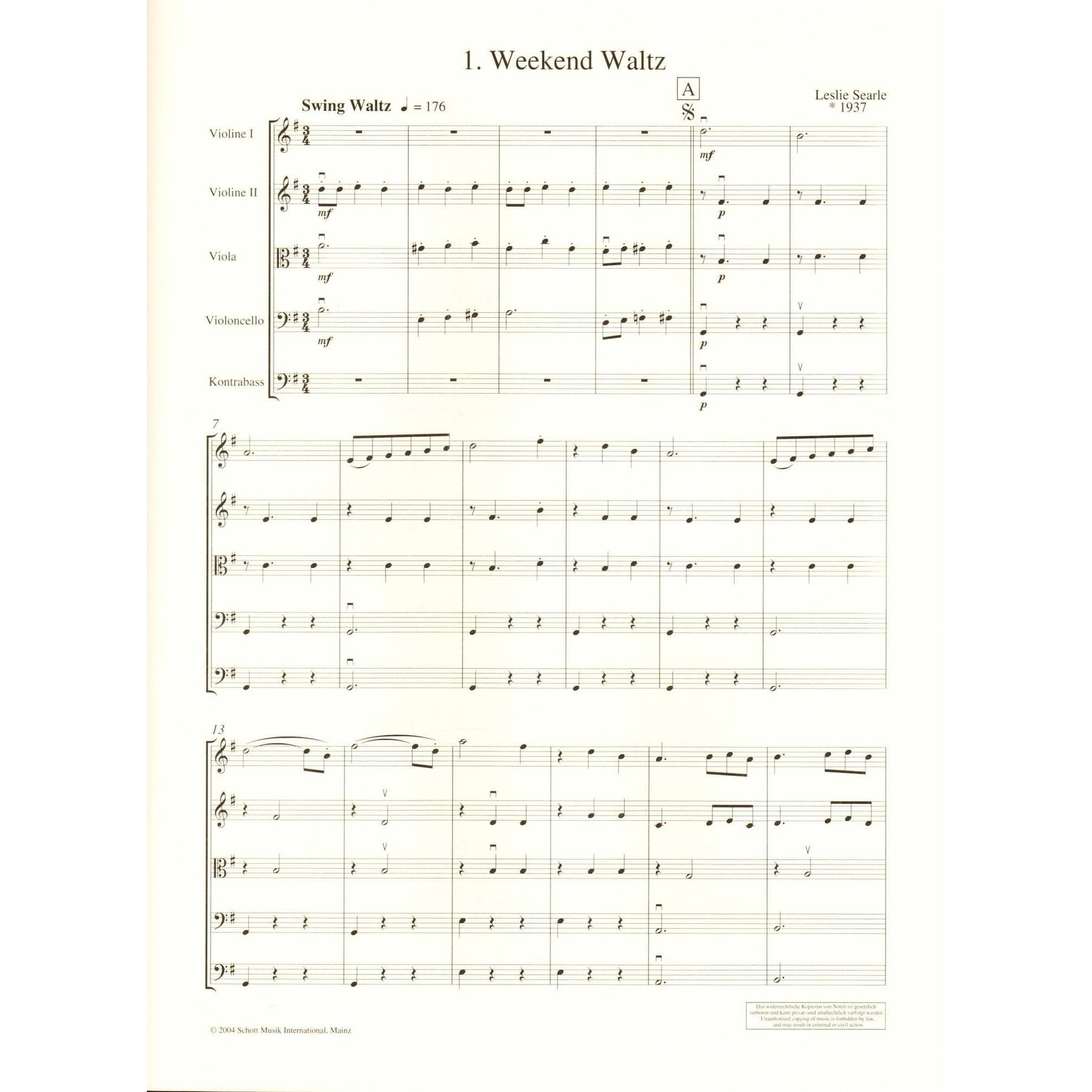 Searle, Leslie - Swing Waltzes for String Ensemble Score and Parts Published by Schott Music