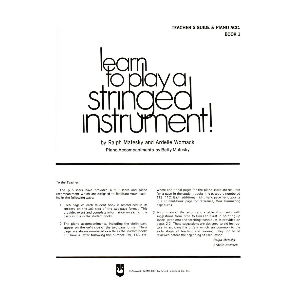 Matesky/Womack - Learn to Play A Stringed Instrument! Book 3 - Teacher's Guide/Piano Accompaniment - Alfred Music Publishing