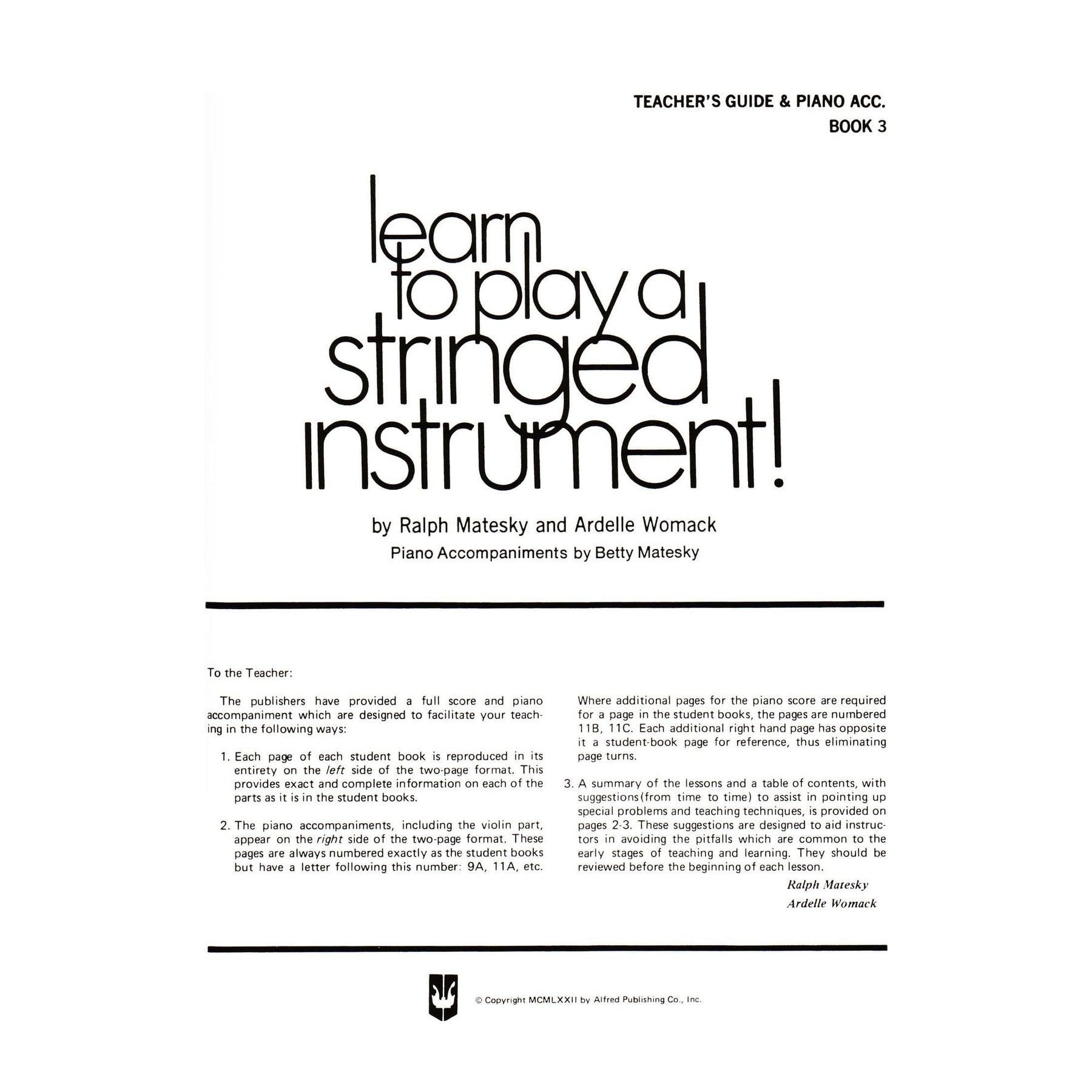 Matesky/Womack - Learn to Play A Stringed Instrument! Book 3 - Teacher's Guide/Piano Accompaniment - Alfred Music Publishing