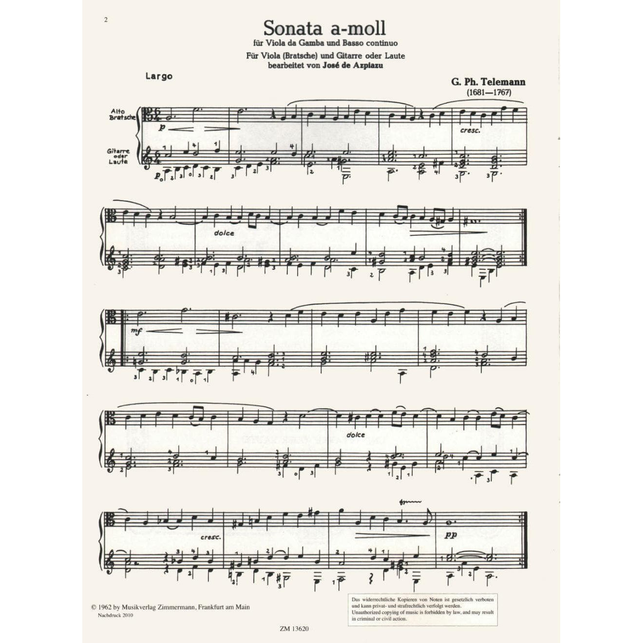 Telemann, Georg Philipp - Sonata in a minor For Viola and Guitar Published by Zimmermann Frankfurt