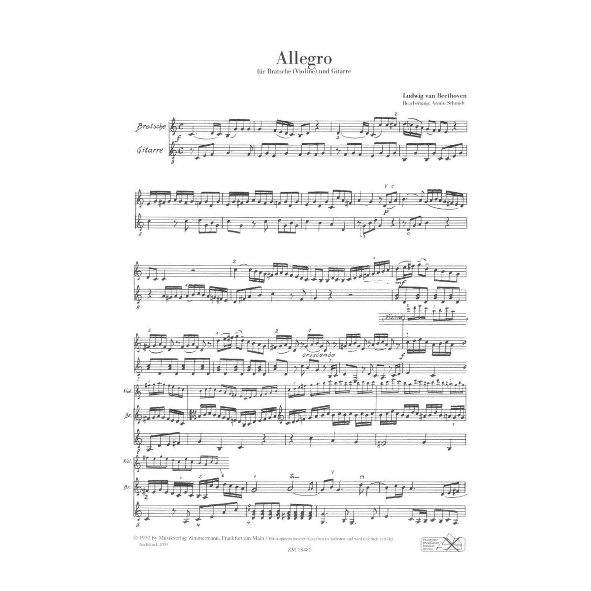 Beethoven, Ludwig - Allegro WoO 33 for Viola (Violin) and Guitar - Arranged by Schmidt - Wilhelm Zimmermann Publication