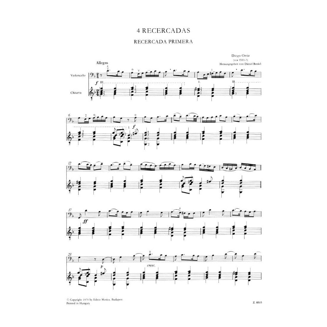 Ortiz, Diego - Four Recercadas For Cello and Guitar Published by Editio Musica Budapest