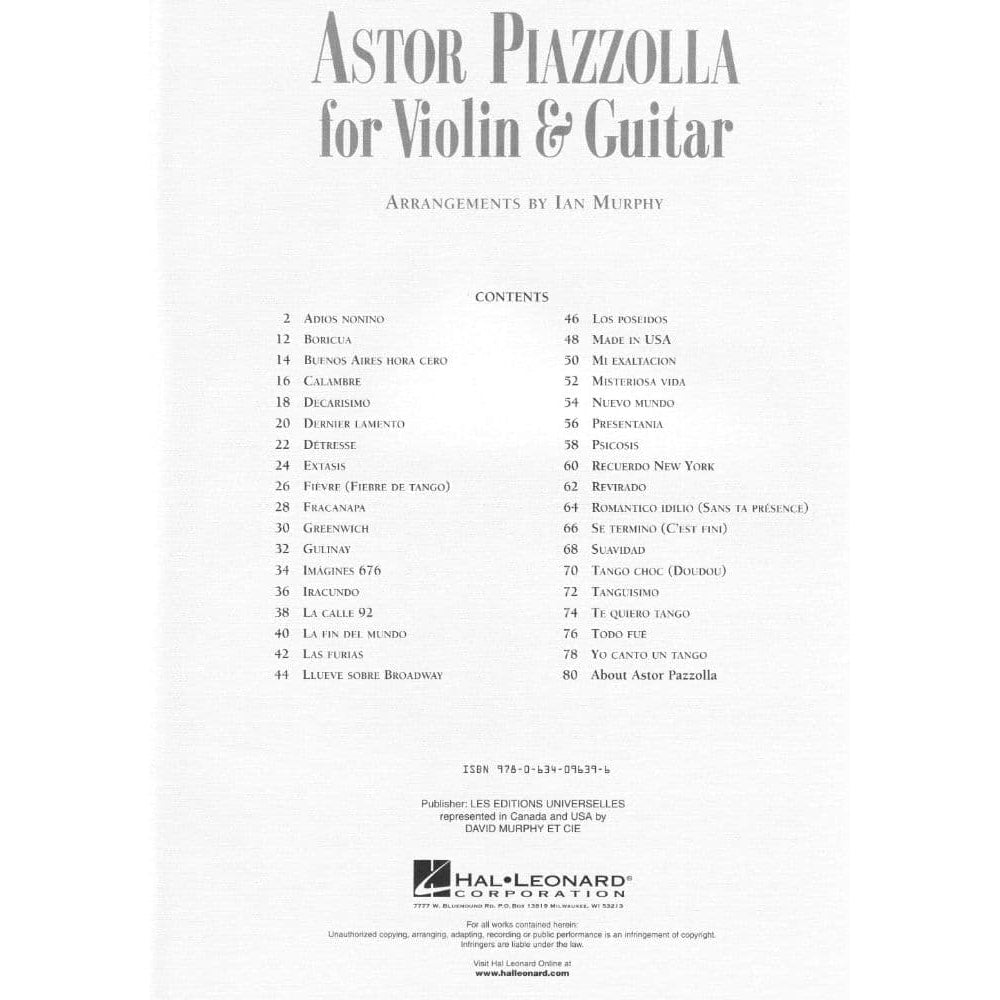 Piazzolla, Astor - Astor Piazzolla for Violin and Guitar - arranged by Ian Murphy - Hal Leonard Publication