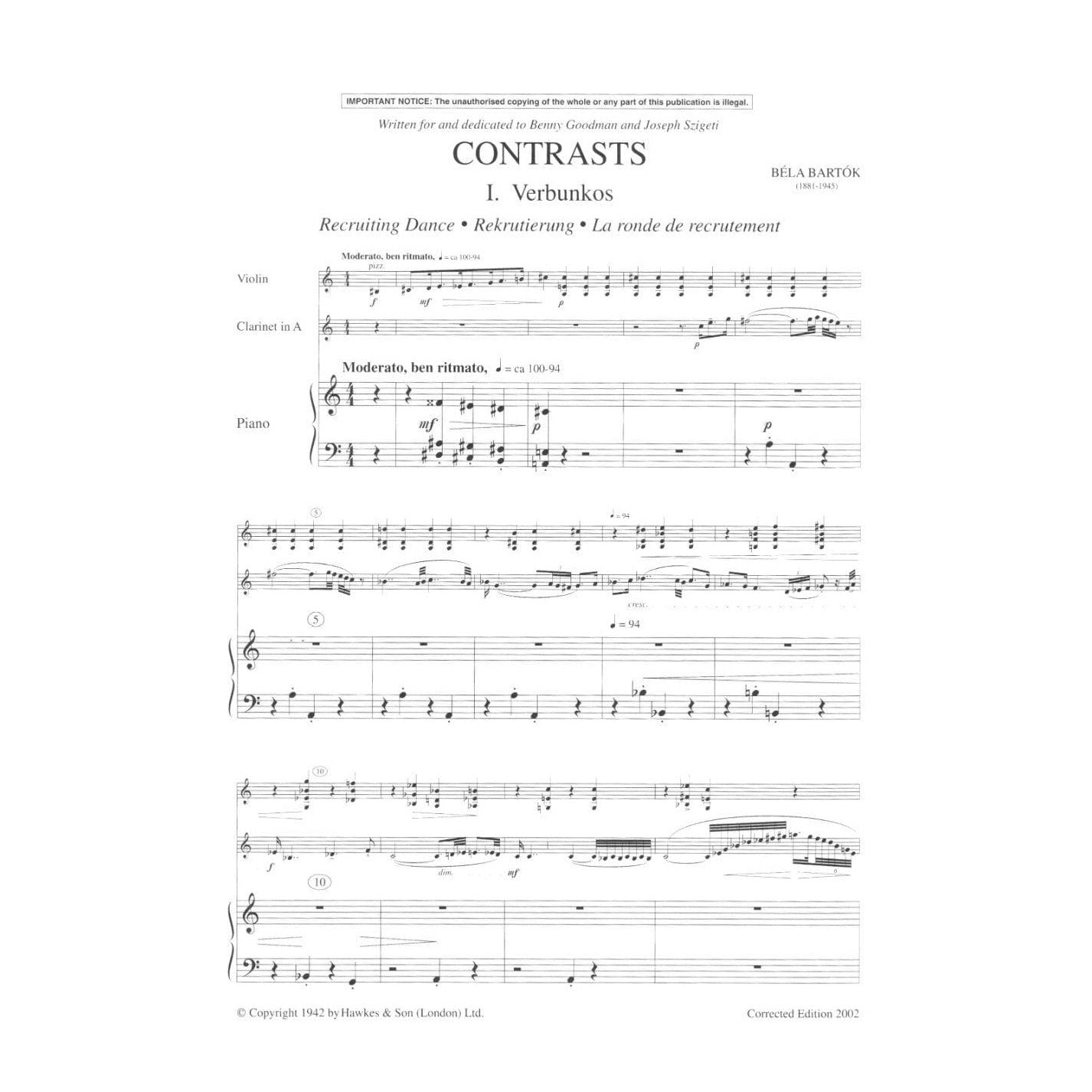 Bartok, Bela - Contrasts Sz 116 for Violin, Clarient and Piano (Corrected Edition 2002) - Edited by Dellamaggiore and Bartok - Boosey & Hawkes Edition