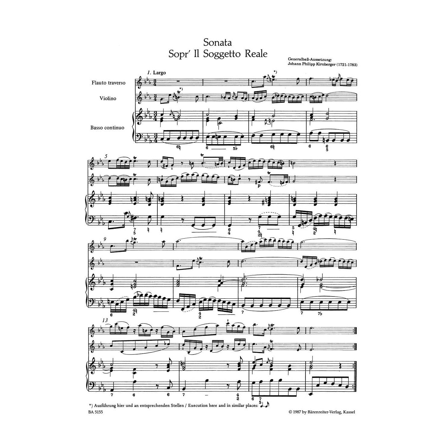 Bach, JS - Musical Offering: Trio Sonata in c minor BWV 1079 for Flute, Violin and Double Bass - Barenreiter URTEXT Edition