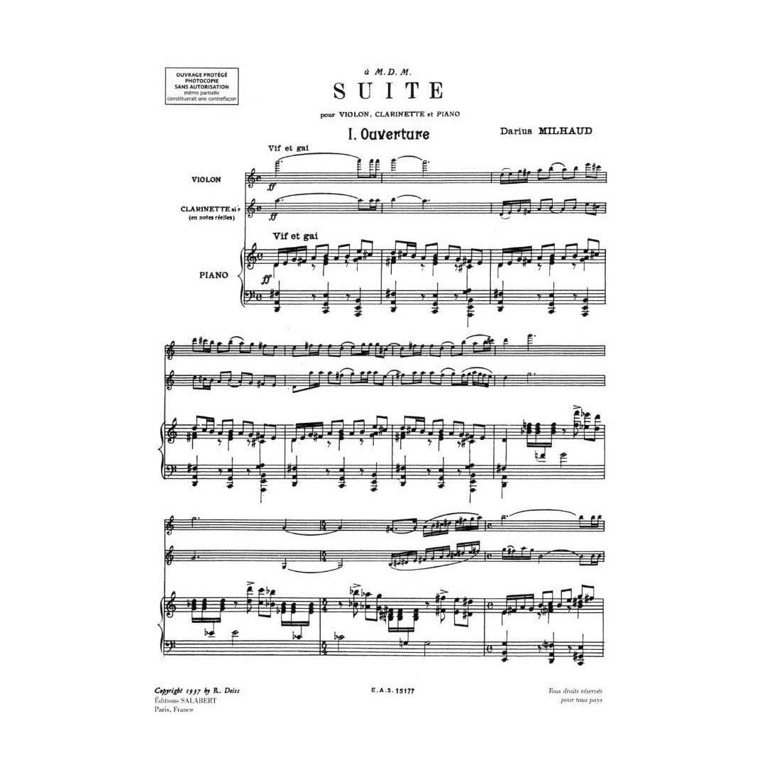 Milhaud, Darius - Suite, Op 157b - Violin, Clarinet, and Piano - Editions Salabert