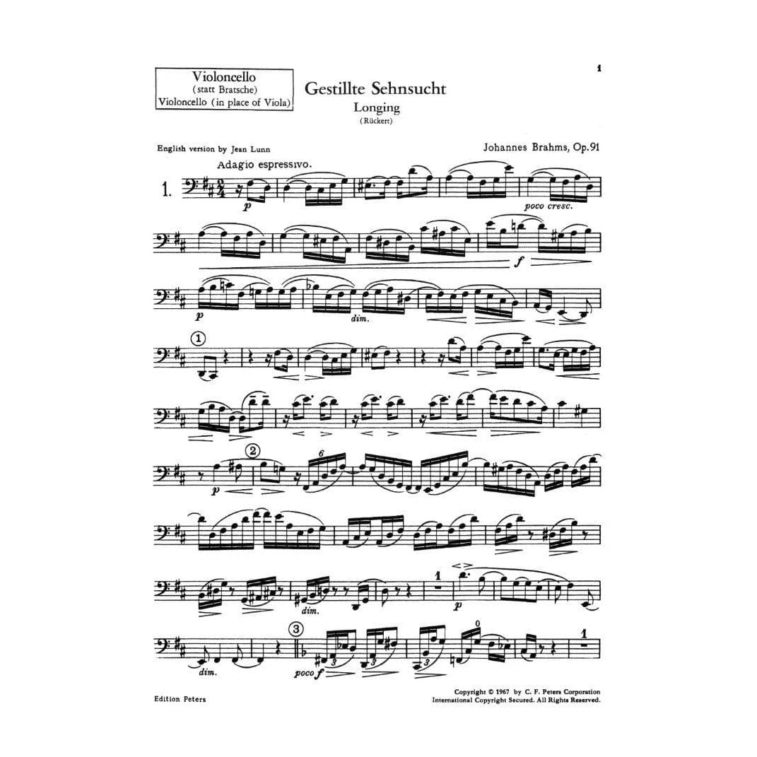 Brahms, Johannes - 2 Songs Op 91 for Voice, Viola/Cello and Piano - Edited by Lunn - Peters Edition