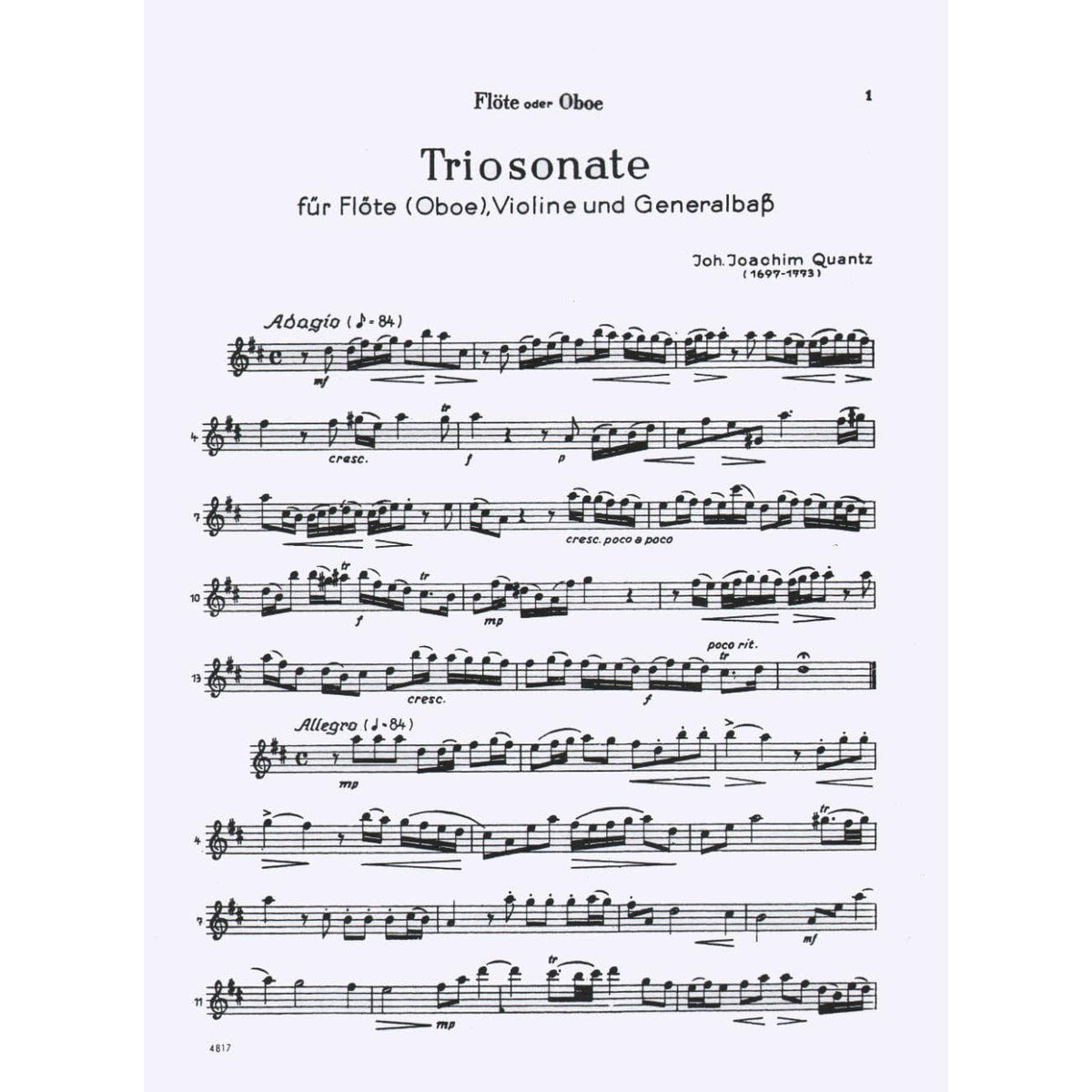 Quantz - Trio Sonata in D Major For Flute Violin and Cello Score & Parts Published by Alfred Music Publishing