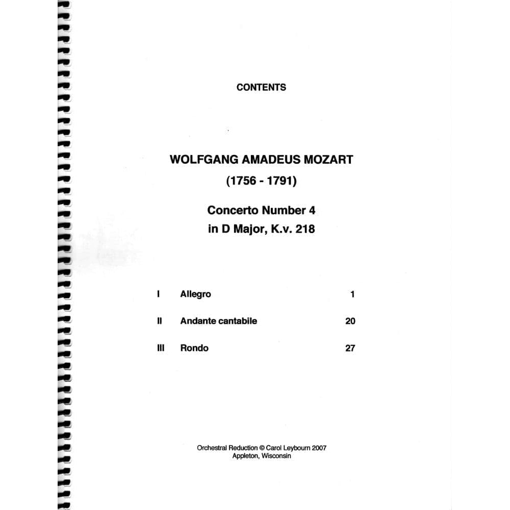 Mozart, WA - Violin Concerto No 4 in D Major, K 218 - PIANO ACCOMPANIMENT ONLY - arranged by Carol Leybourn - Frustrated Accompanist Edition