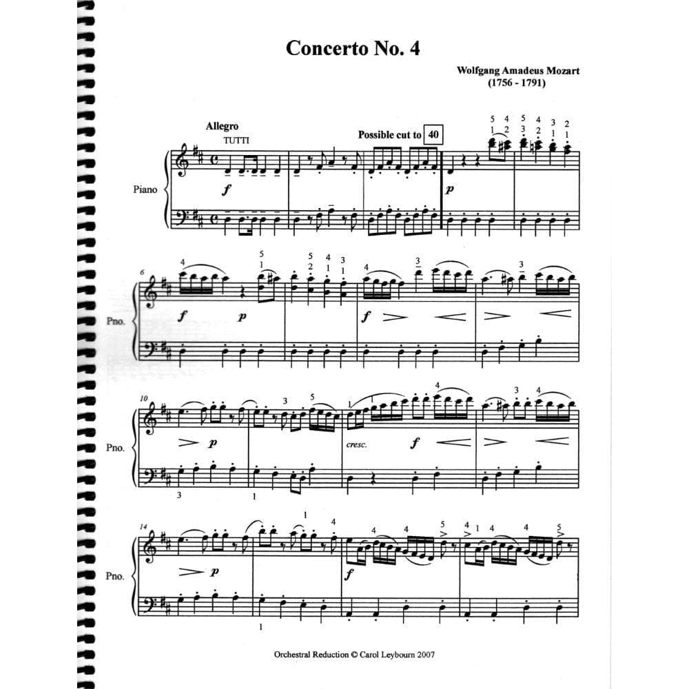 Mozart, WA - Violin Concerto No 4 in D Major, K 218 - PIANO ACCOMPANIMENT ONLY - arranged by Carol Leybourn - Frustrated Accompanist Edition
