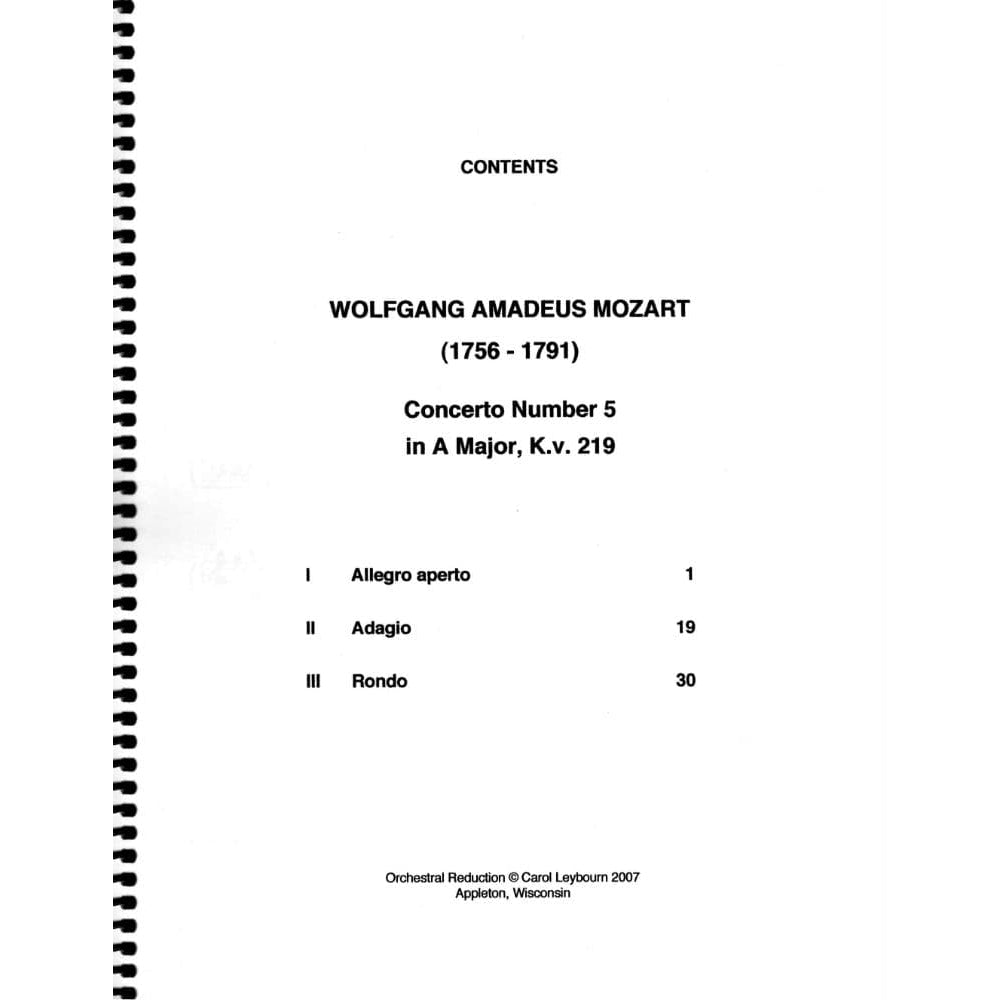 Mozart, WA - Violin Concerto No 5 in A Major, K 219 - PIANO ACCOMPANIMENT ONLY - arranged by Carol Leybourn - Frustrated Accompanist Edition