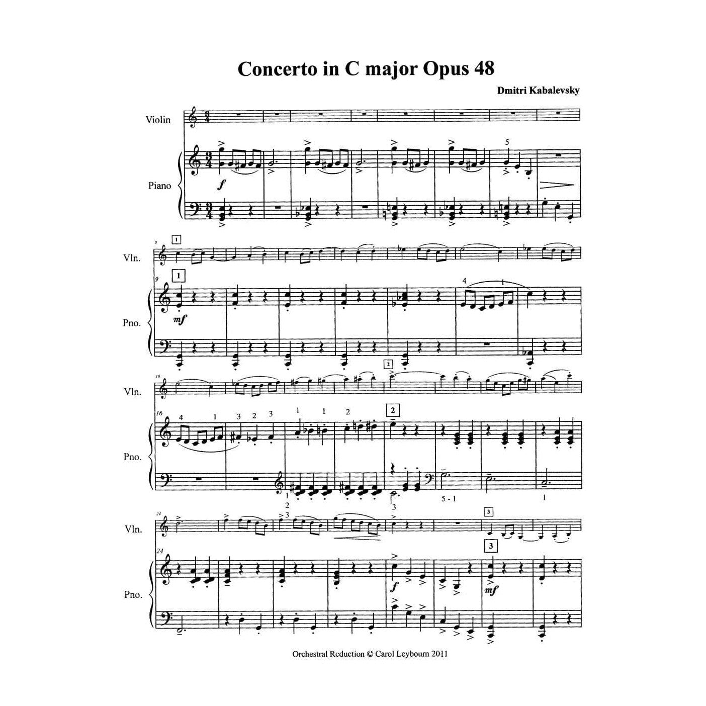 Kabalevsky, Dmitri - Violin Concerto in C major, Op. 48 - PIANO ACCOMPANIMENT ONLY - arranged by Carol Leybourn - Frustrated Accompanist Edition