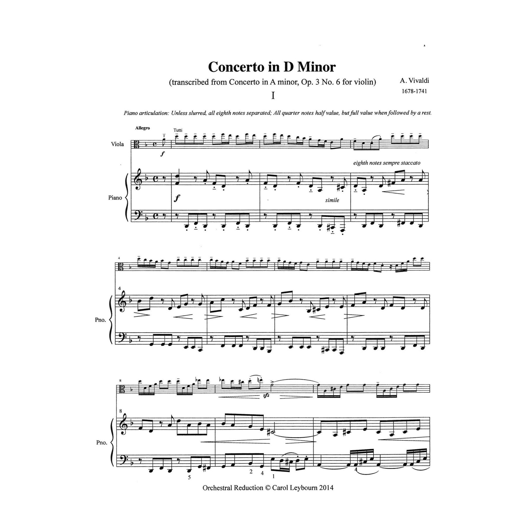 Viola Concertos (Volume 1) - Vivaldi, J.C. Bach, Telemann, Handel, Stamitz - PIANO ACCOMPANIMENT ONLY - arranged by Carol Leybourn - Frustrated Accompanist Edition