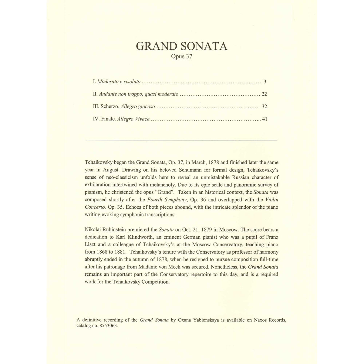 Tchaikovsky, Pyotr Ilyich - Grand Sonata, Op. 37 - for Solo Piano - edited by Oxana Yablonskaya - International Music Company
