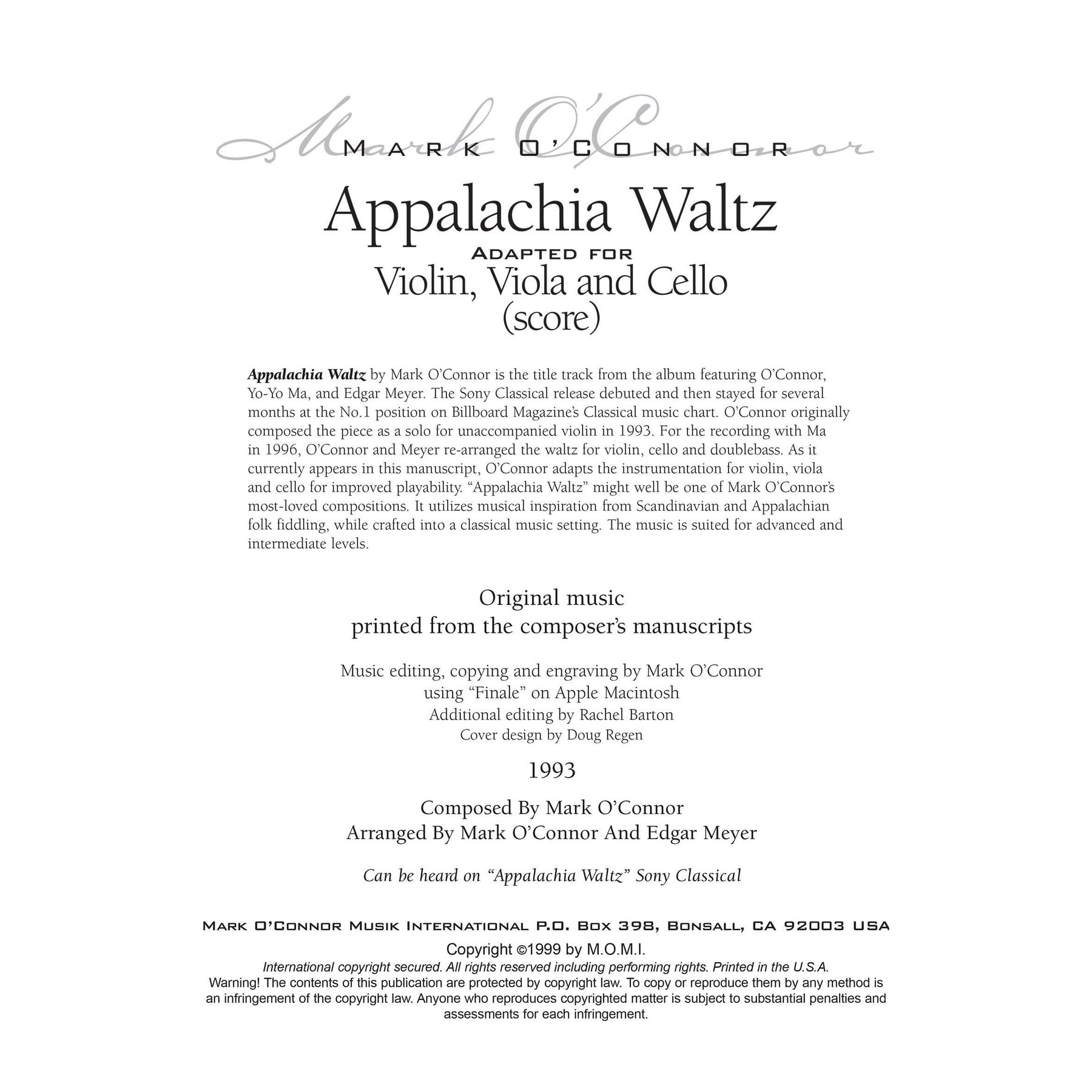 O'Connor, Mark - Appalachia Waltz for Violin, Viola, and Cello - Score - Digital Download