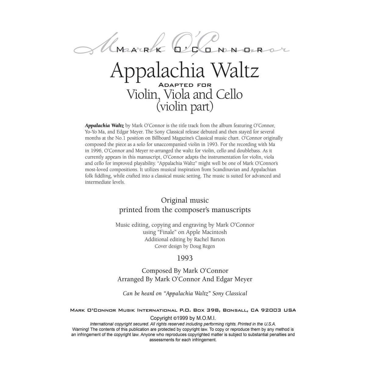 O'Connor, Mark - Appalachia Waltz for Violin, Viola, and Cello - Violin - Digital Download
