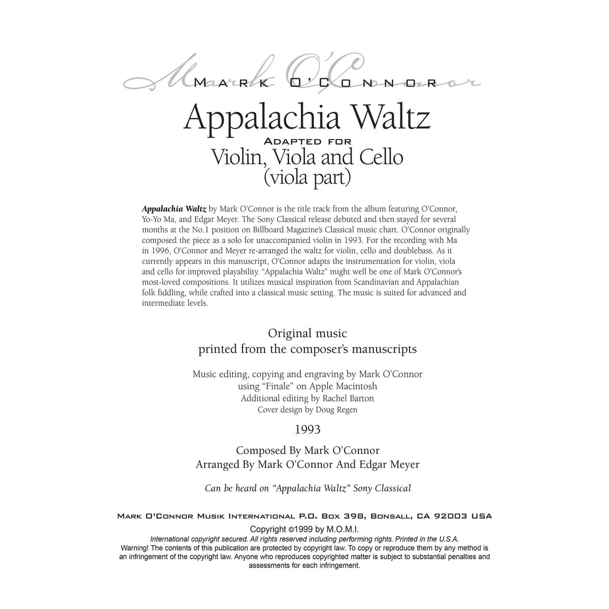 O'Connor, Mark - Appalachia Waltz for Violin, Viola, and Cello - Viola - Digital Download