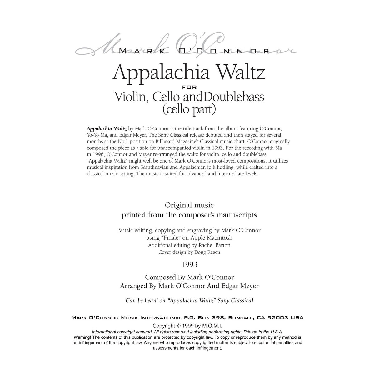 O'Connor, Mark - Appalachia Waltz for Violin, Cello, and Bass - Cello - Digital Download