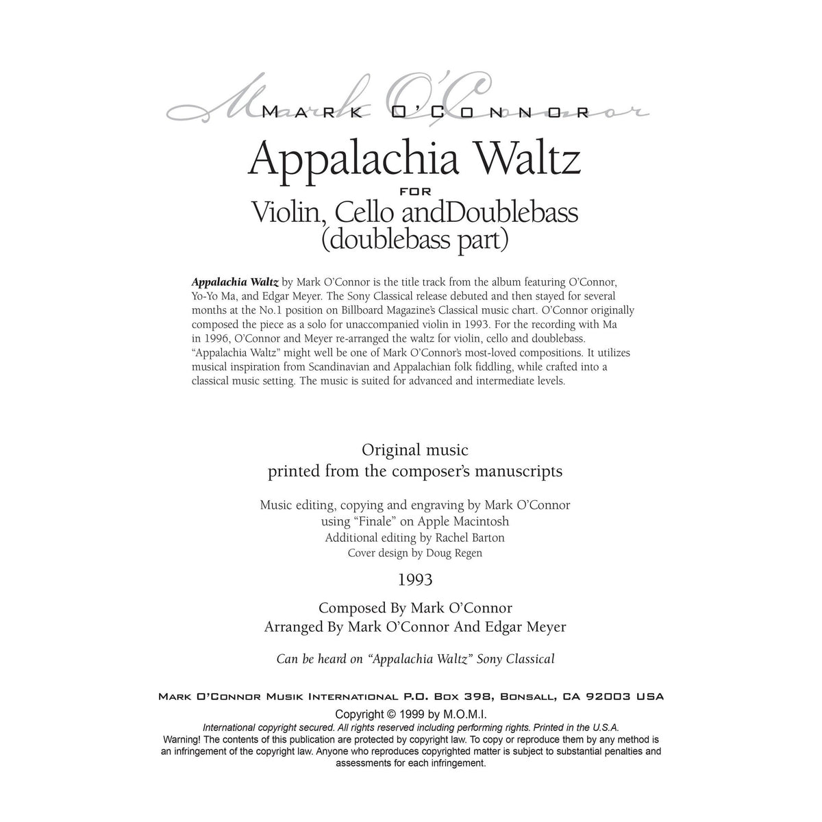 O'Connor, Mark - Appalachia Waltz for Violin, Cello, and Bass - Bass - Digital Download