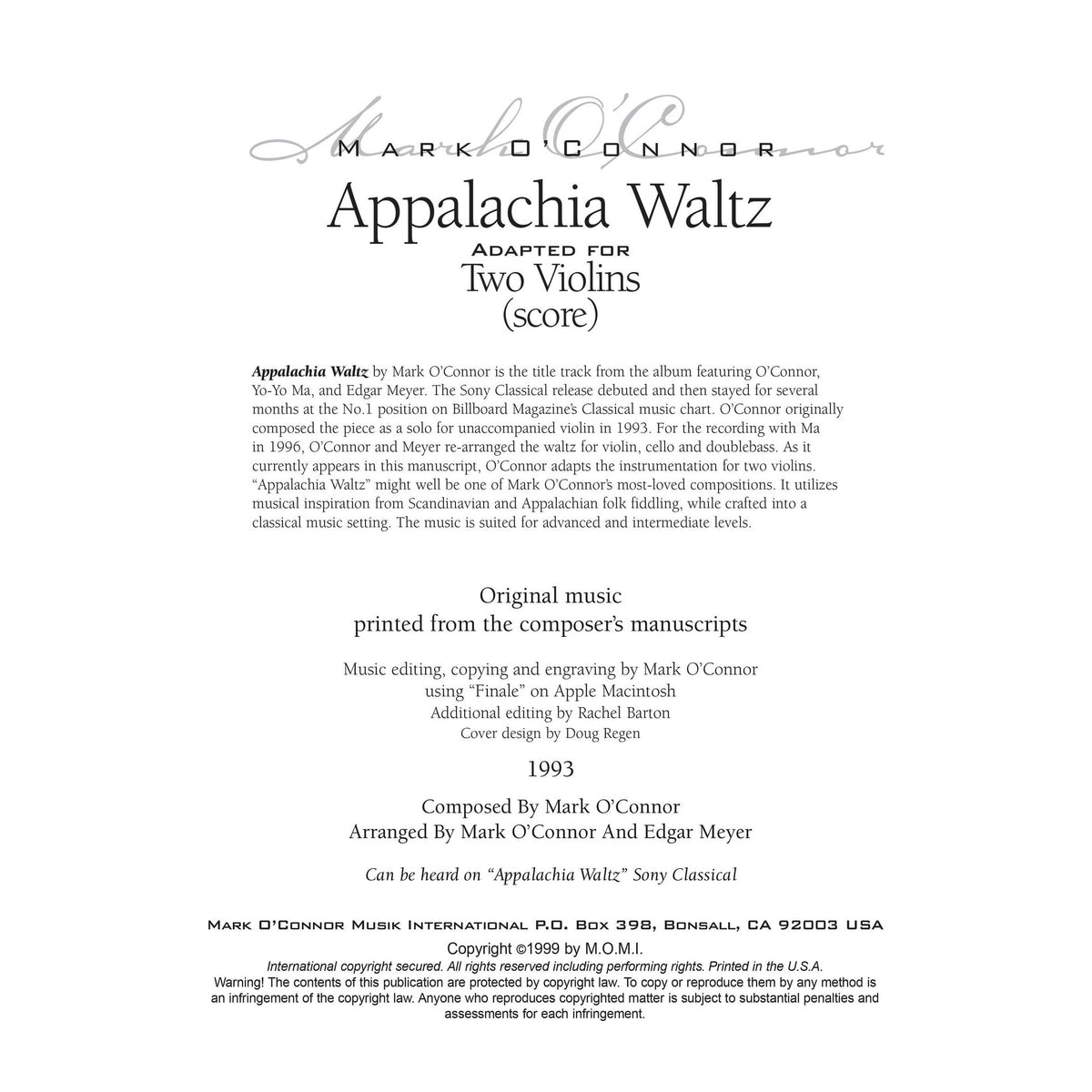 O'Connor, Mark - Appalachia Waltz for 2 Violins - Score - Digital Download