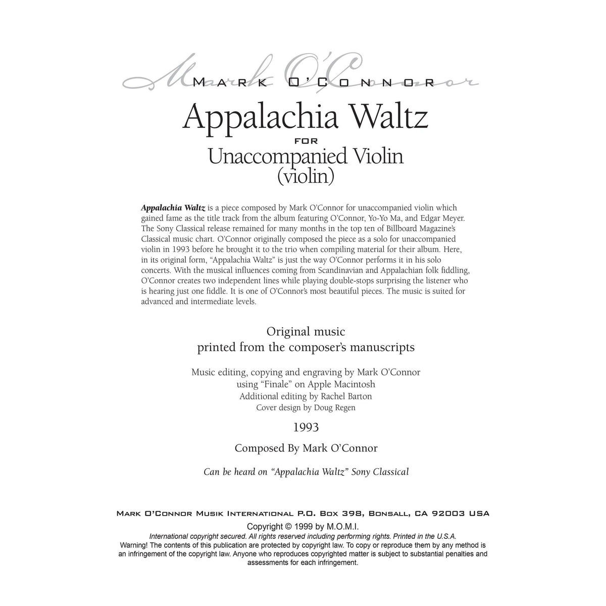 O'Connor, Mark - Appalachia Waltz Unaccompanied Score - Violin - Digital Download