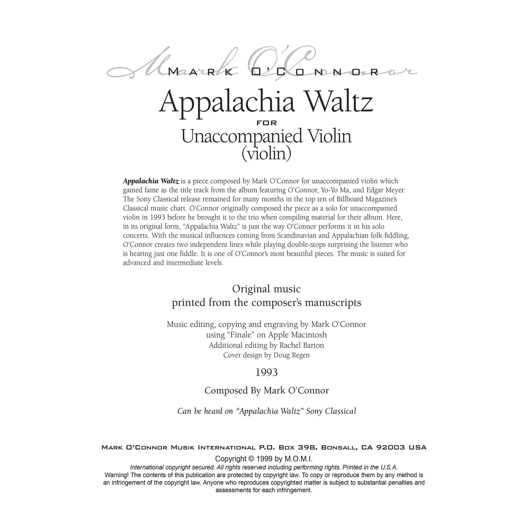O'Connor, Mark - Appalachia Waltz Unaccompanied Score - Violin - Digital Download
