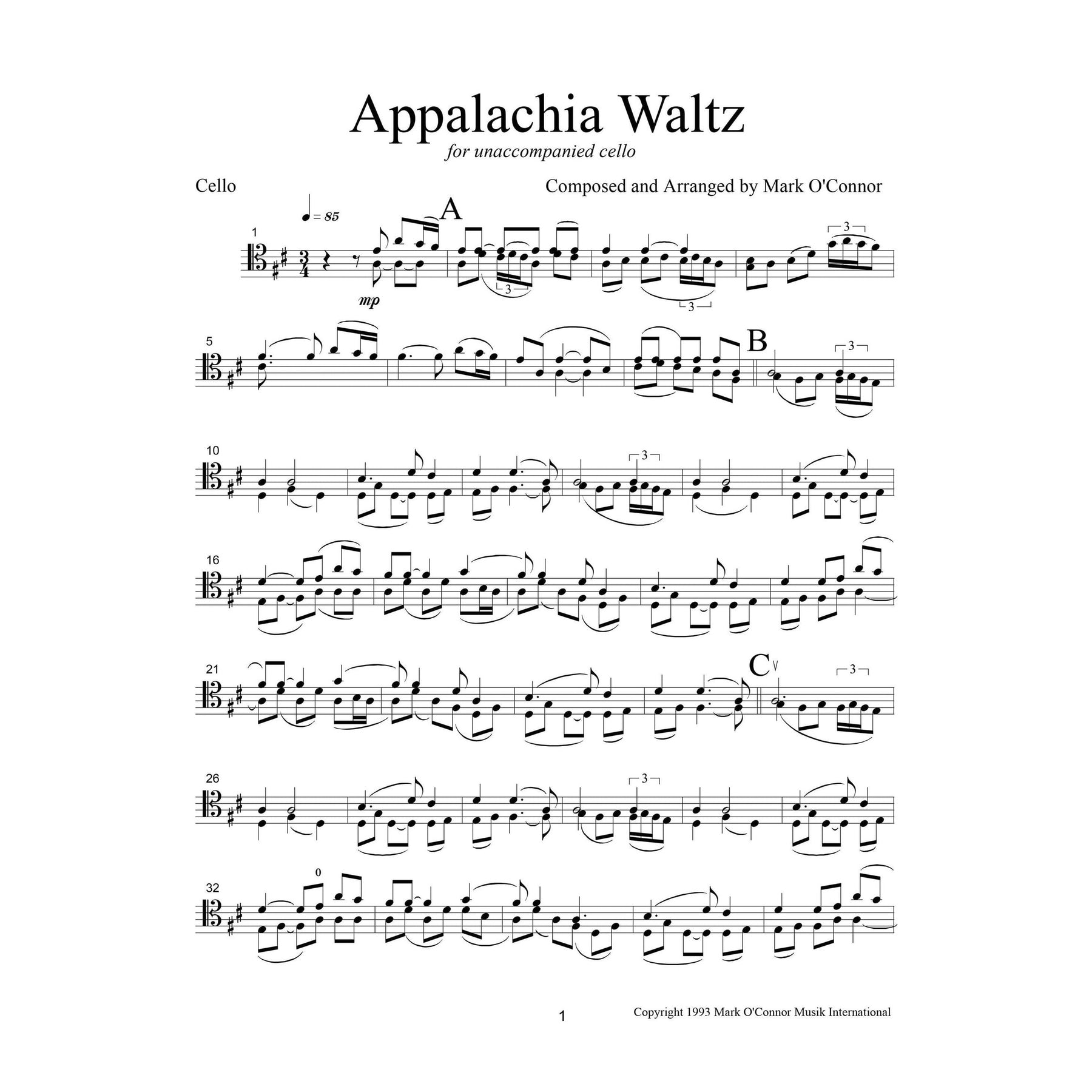 O'Connor, Mark - Appalachia Waltz Unaccompanied Score - Cello - Digital Download