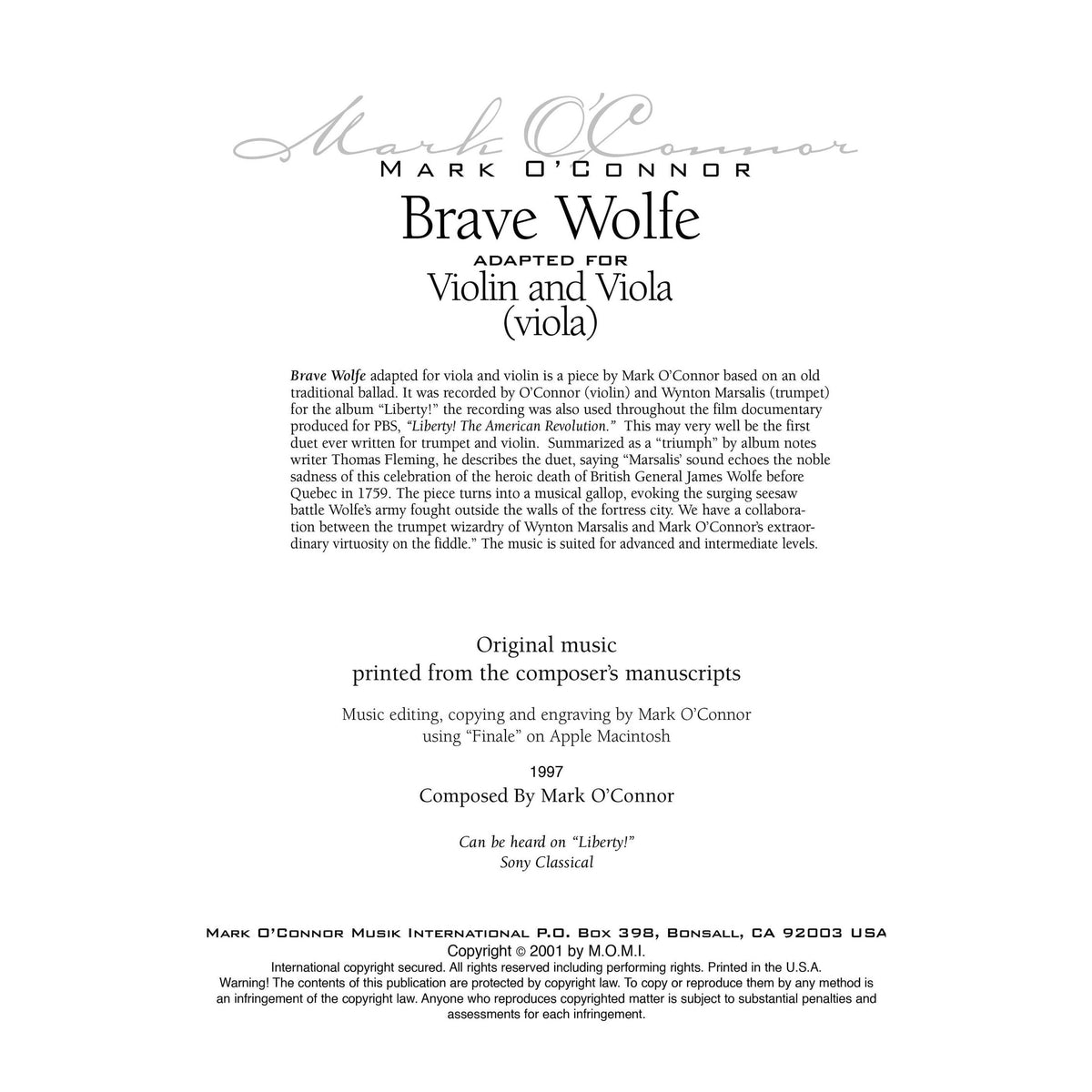 O'Connor, Mark - Brave Wolfe for Violin and Viola - Viola - Digital Download
