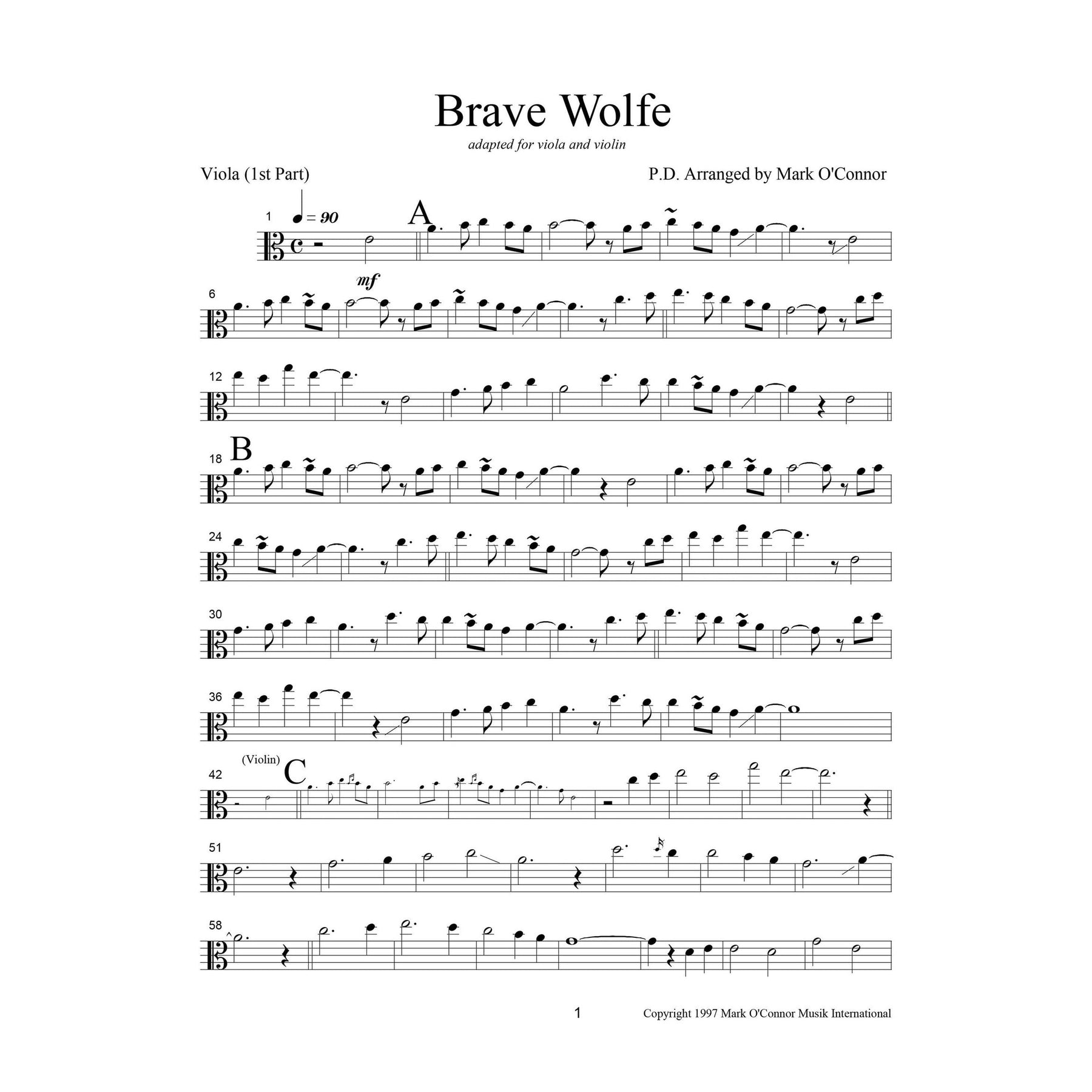 O'Connor, Mark - Brave Wolfe for Violin and Viola - Viola - Digital Download