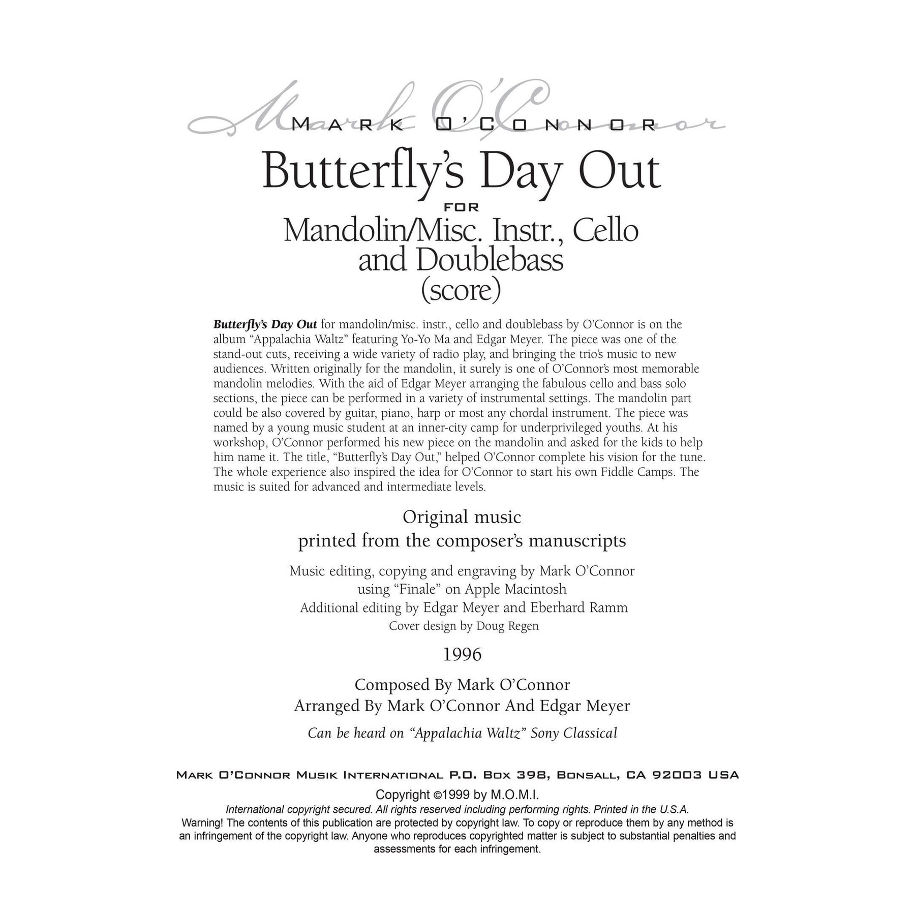 O'Connor, Mark - Butterfly's Day Out for Mandolin, Cello, and Bass - Score - Digital Download