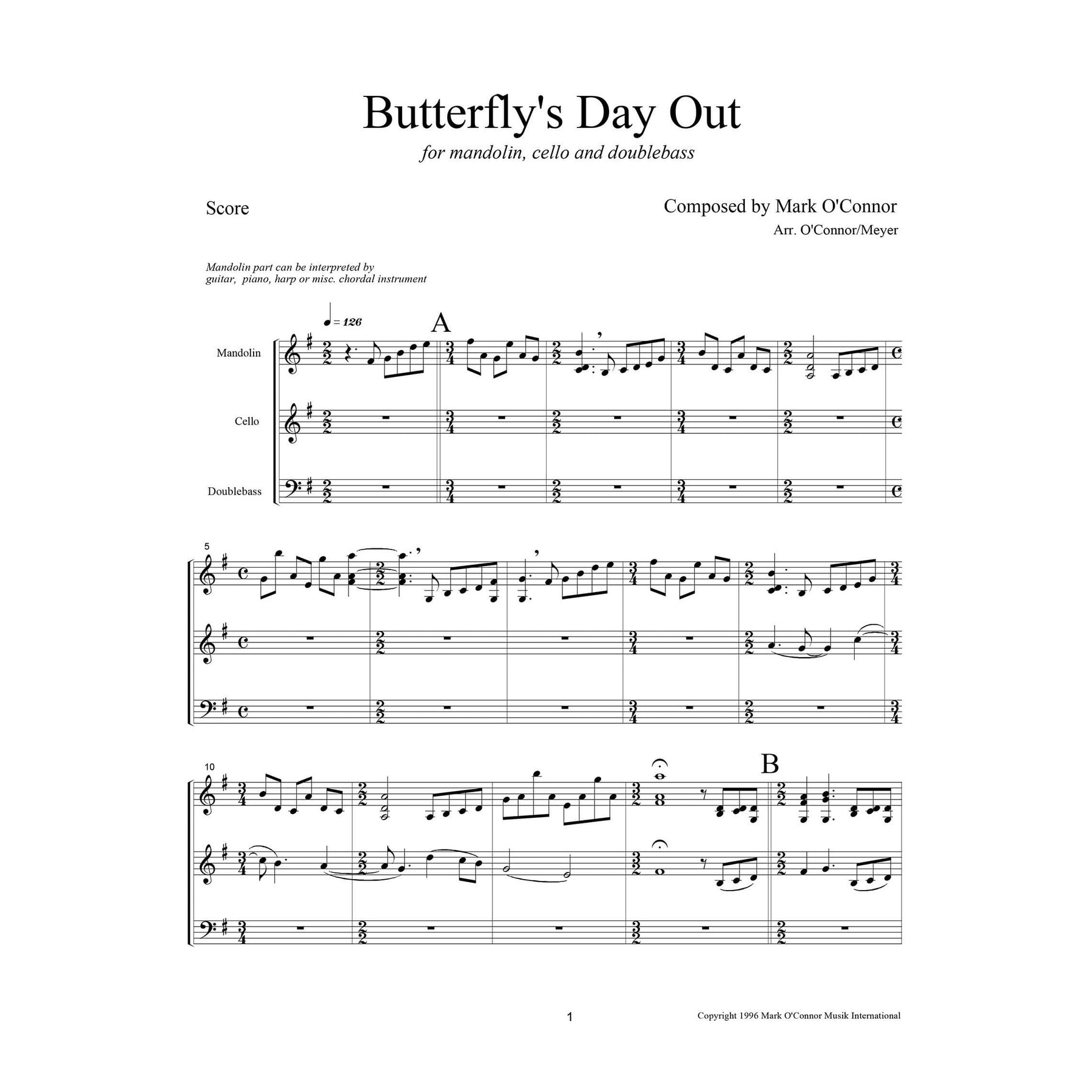 O'Connor, Mark - Butterfly's Day Out for Mandolin, Cello, and Bass - Score - Digital Download