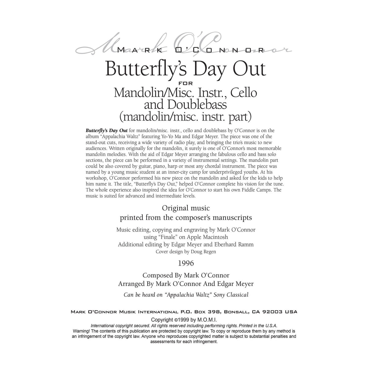O'Connor, Mark - Butterfly's Day Out for Mandolin, Cello, and Bass - Mandolin - Digital Download
