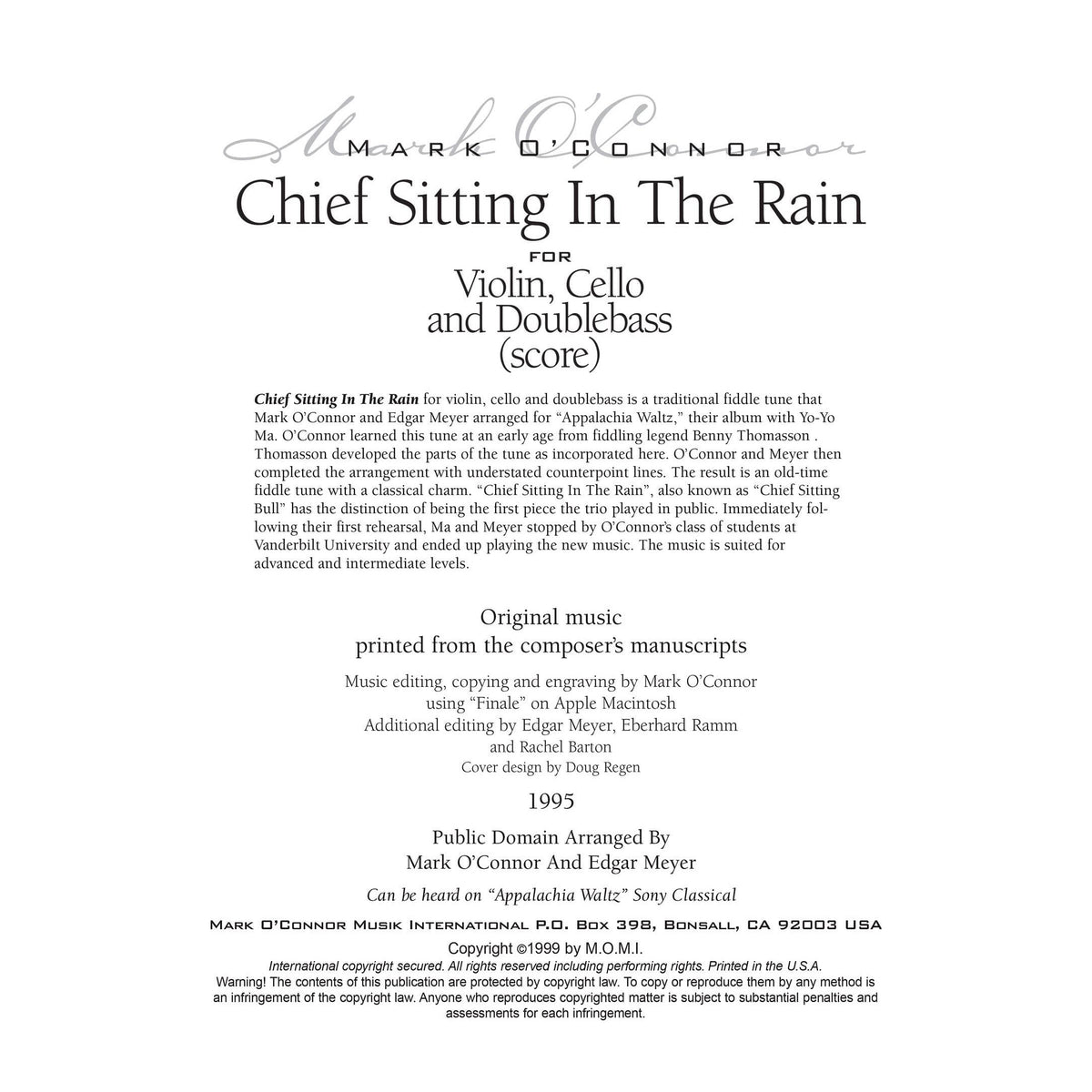 O'Connor, Mark - Chief Sitting In The Rain for Violin, Cello, and Bass - Score - Digital Download