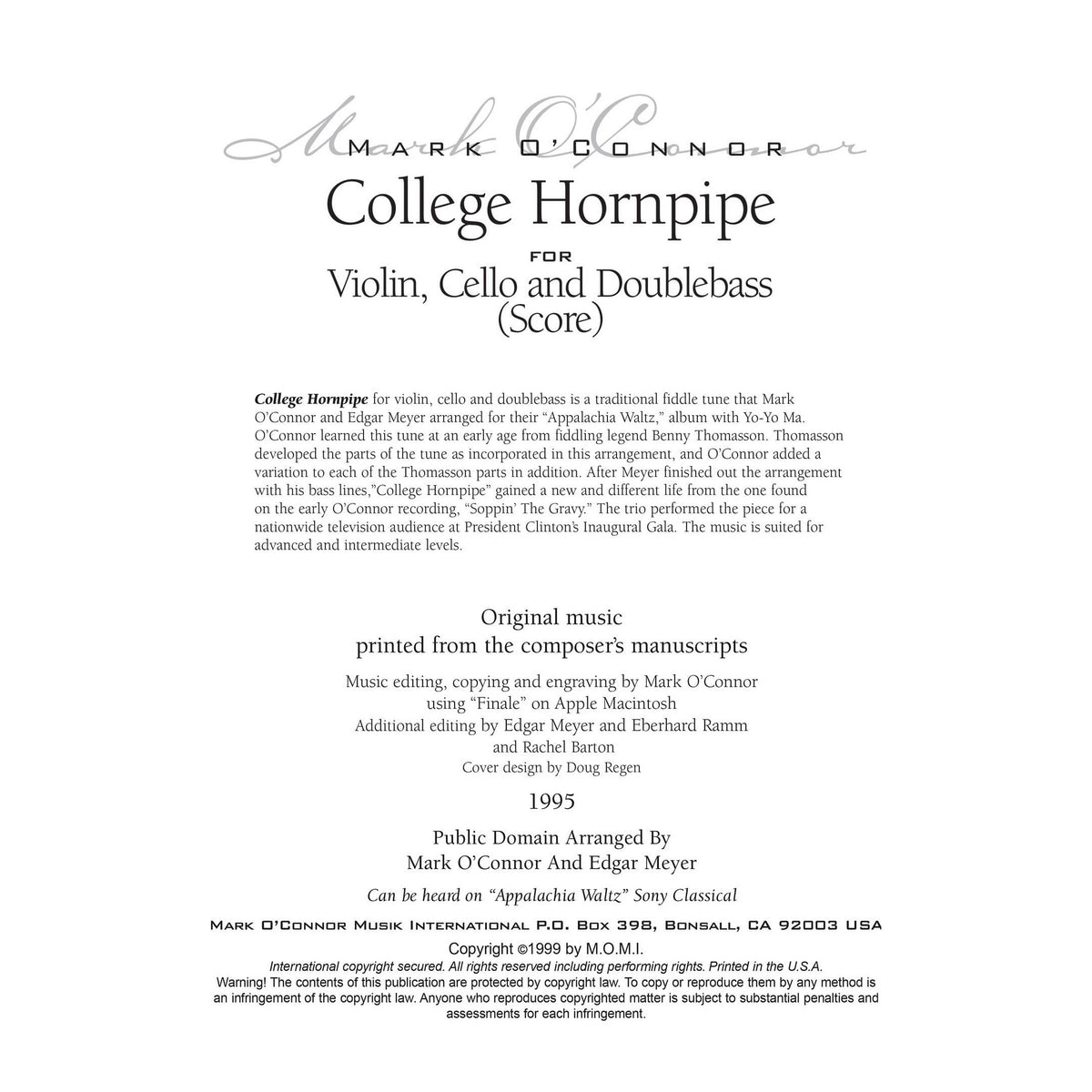 O'Connor, Mark - College Hornpipe for Violin, Cello, and Bass - Score - Digital Download