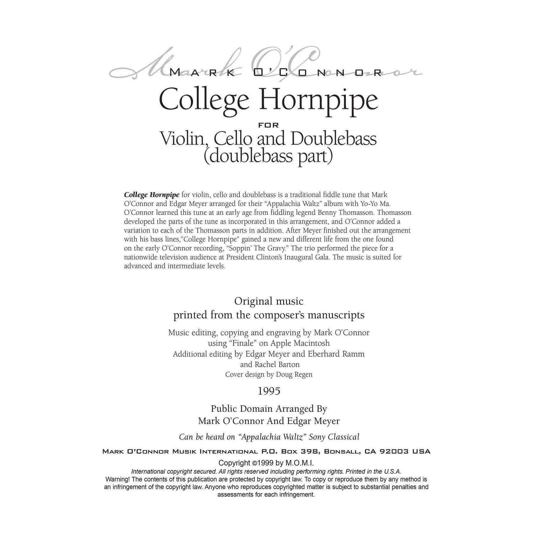 O'Connor, Mark - College Hornpipe for Violin, Cello, and Bass - Bass - Digital Download