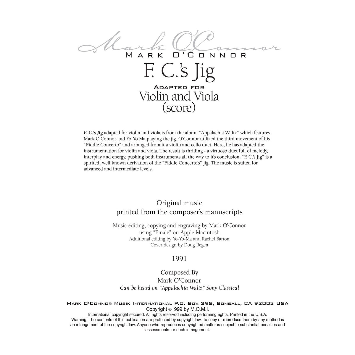 O'Connor, Mark - F.C.'s Jig for Violin and Viola - Score - Digital Download
