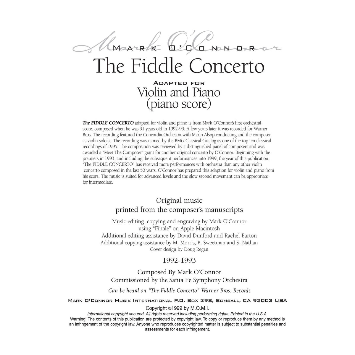 O'Connor, Mark - The FIDDLE CONCERTO for Violin and Piano - Piano Score - Digital Download