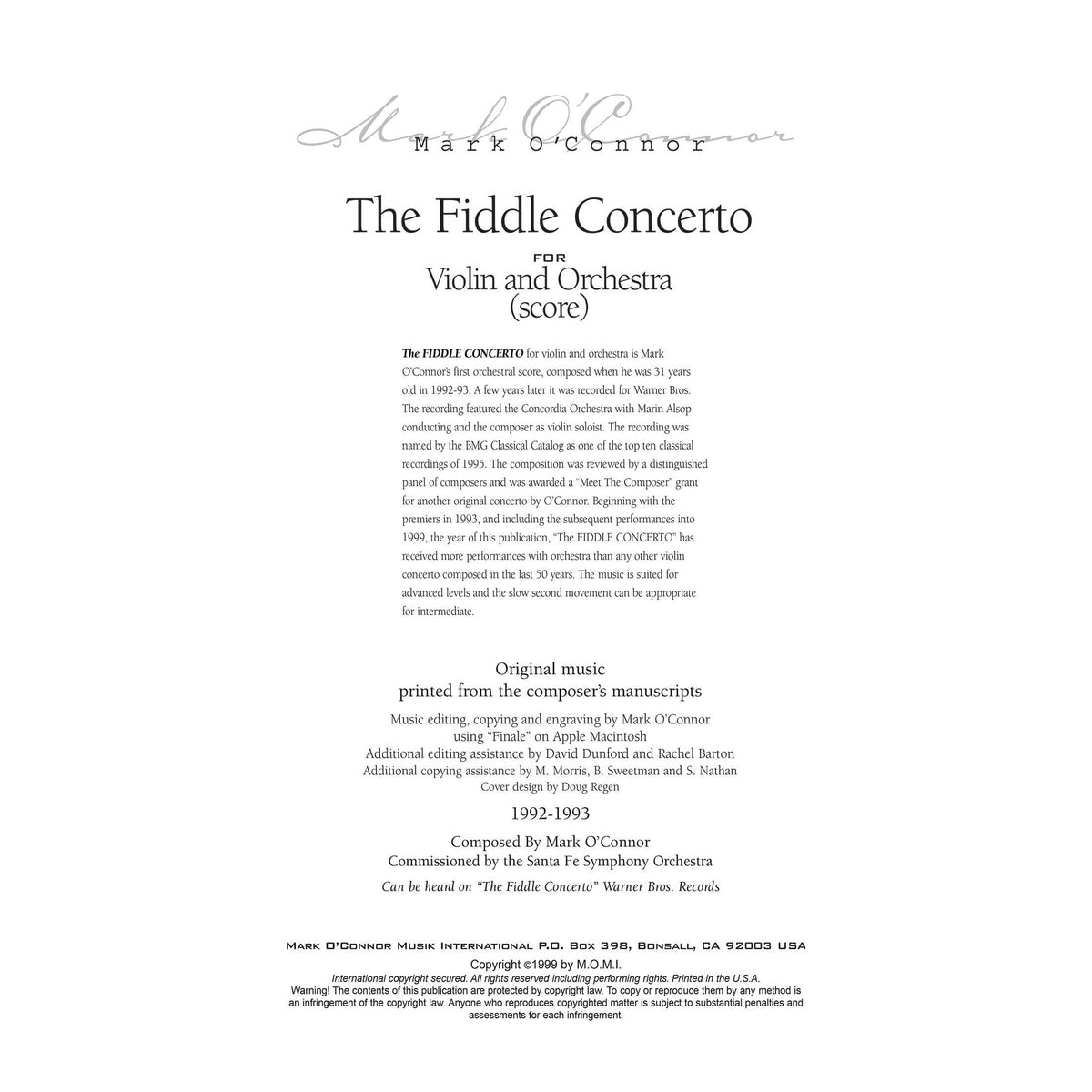 O'Connor, Mark - The FIDDLE CONCERTO for Violin and Orchestra - Score - Digital Download