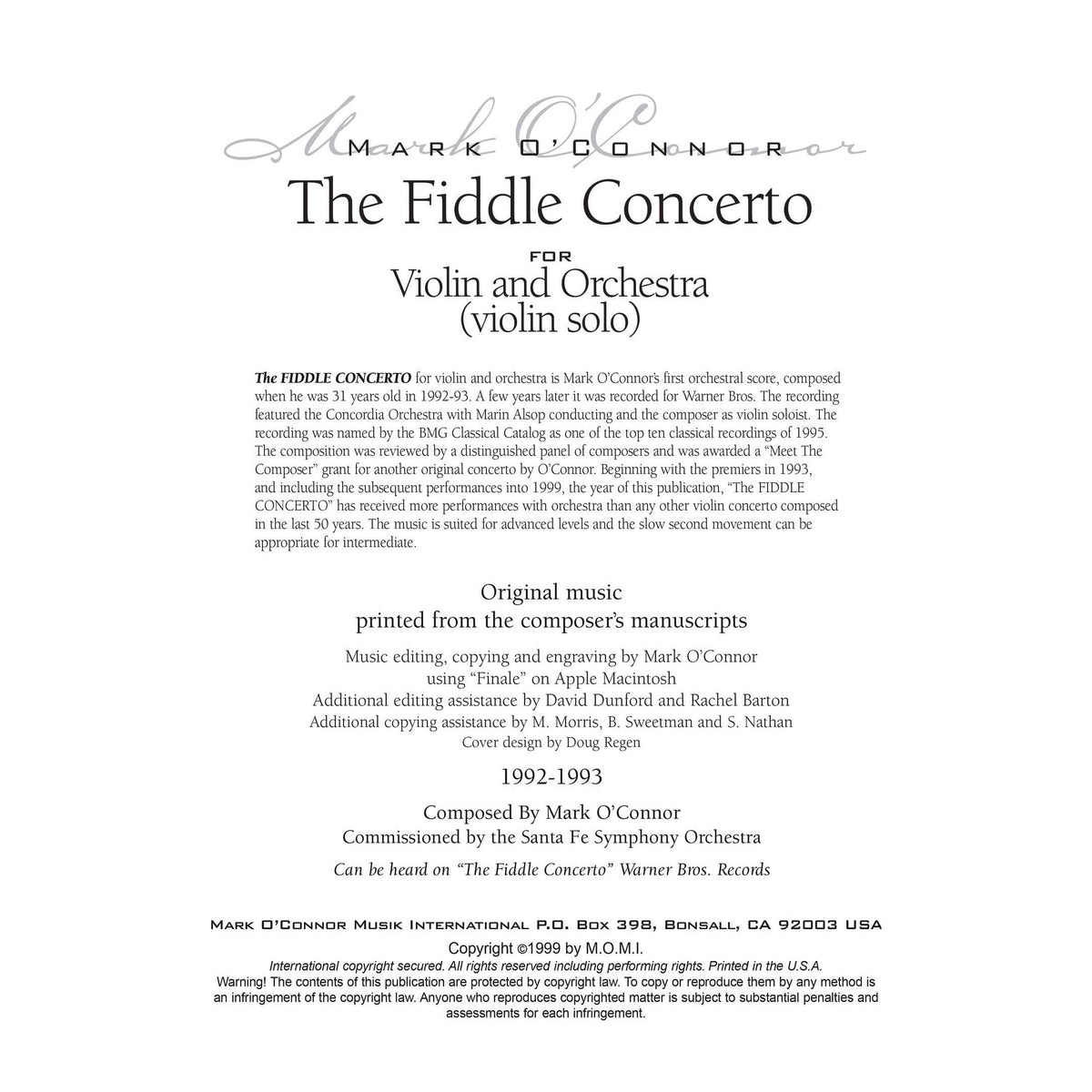 O'Connor, Mark - The FIDDLE CONCERTO for Violin and Orchestra - Violin Solo - Digital Download