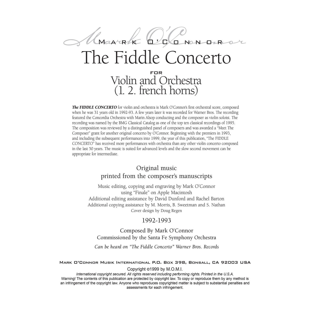 O'Connor, Mark - The FIDDLE CONCERTO for Violin and Orchestra - Brass Parts - Digital Download