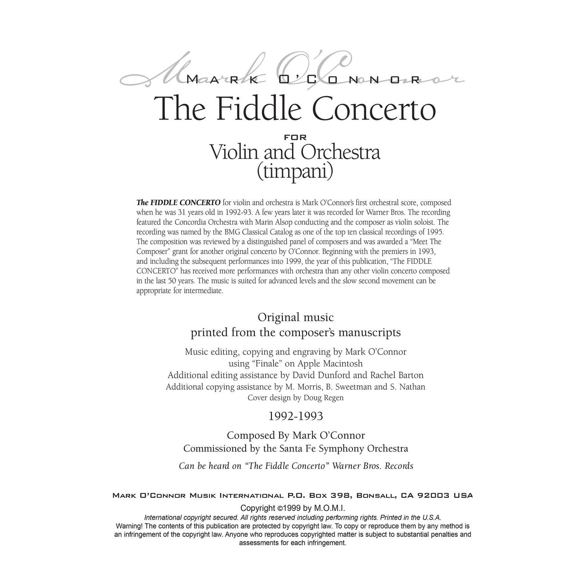 O'Connor, Mark - The FIDDLE CONCERTO for Violin and Orchestra - Percussion Parts - Digital Download