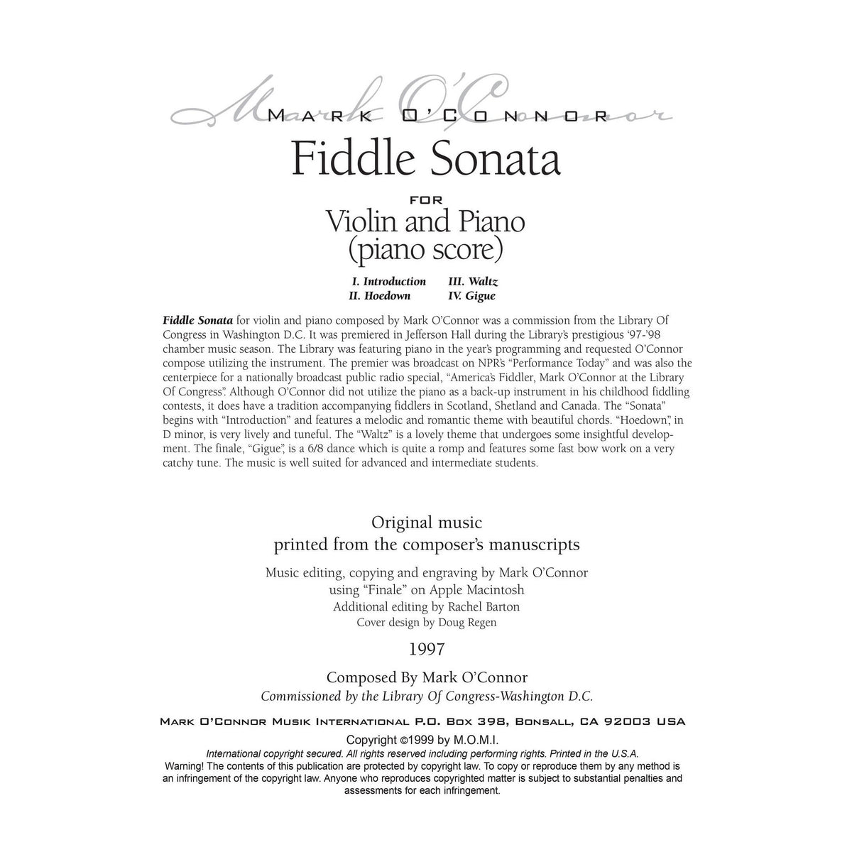 O'Connor, Mark - Fiddle Sonata for Violin and Piano - Piano Score - Digital Download
