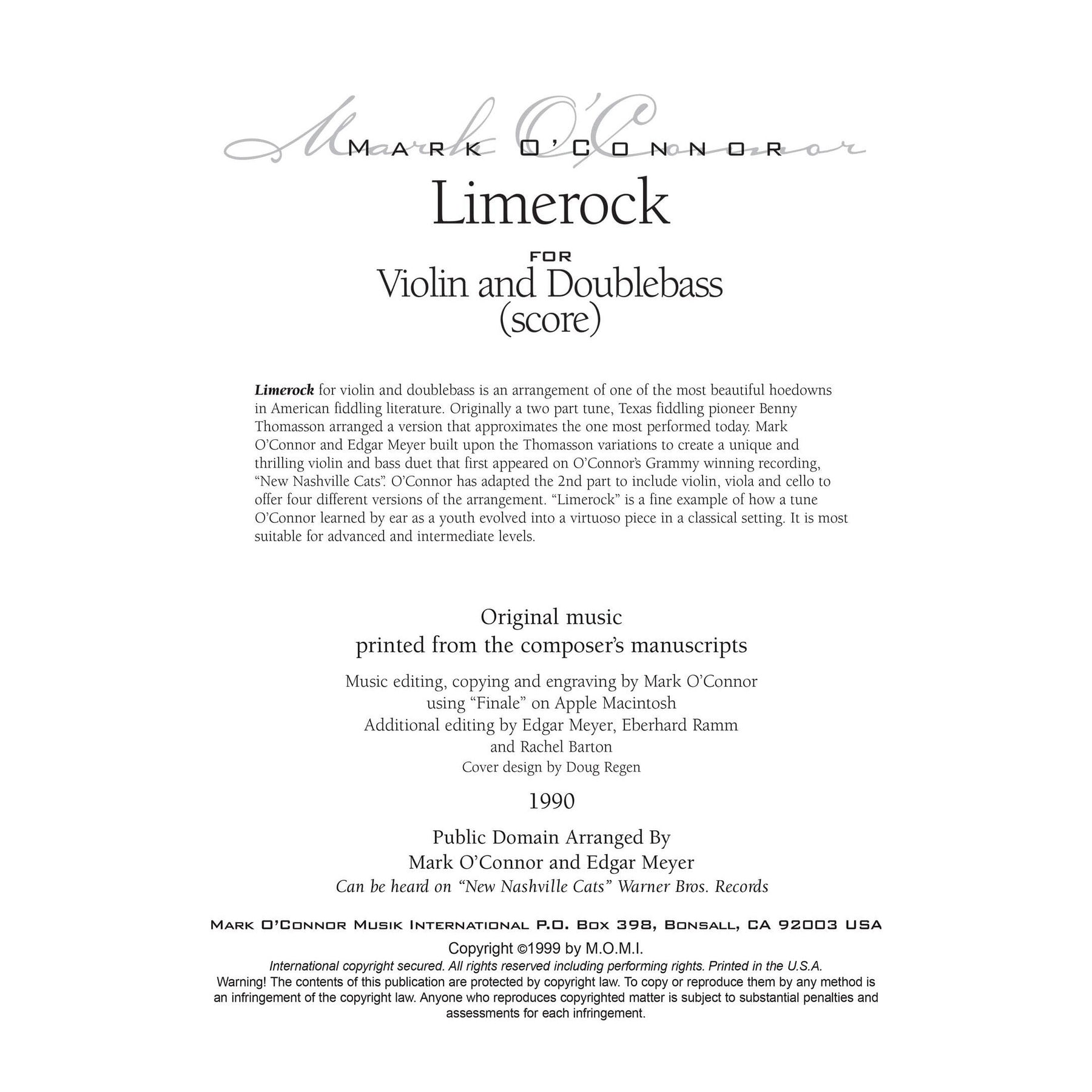 O'Connor, Mark - Limerock for Violin and Bass - Score - Digital Download