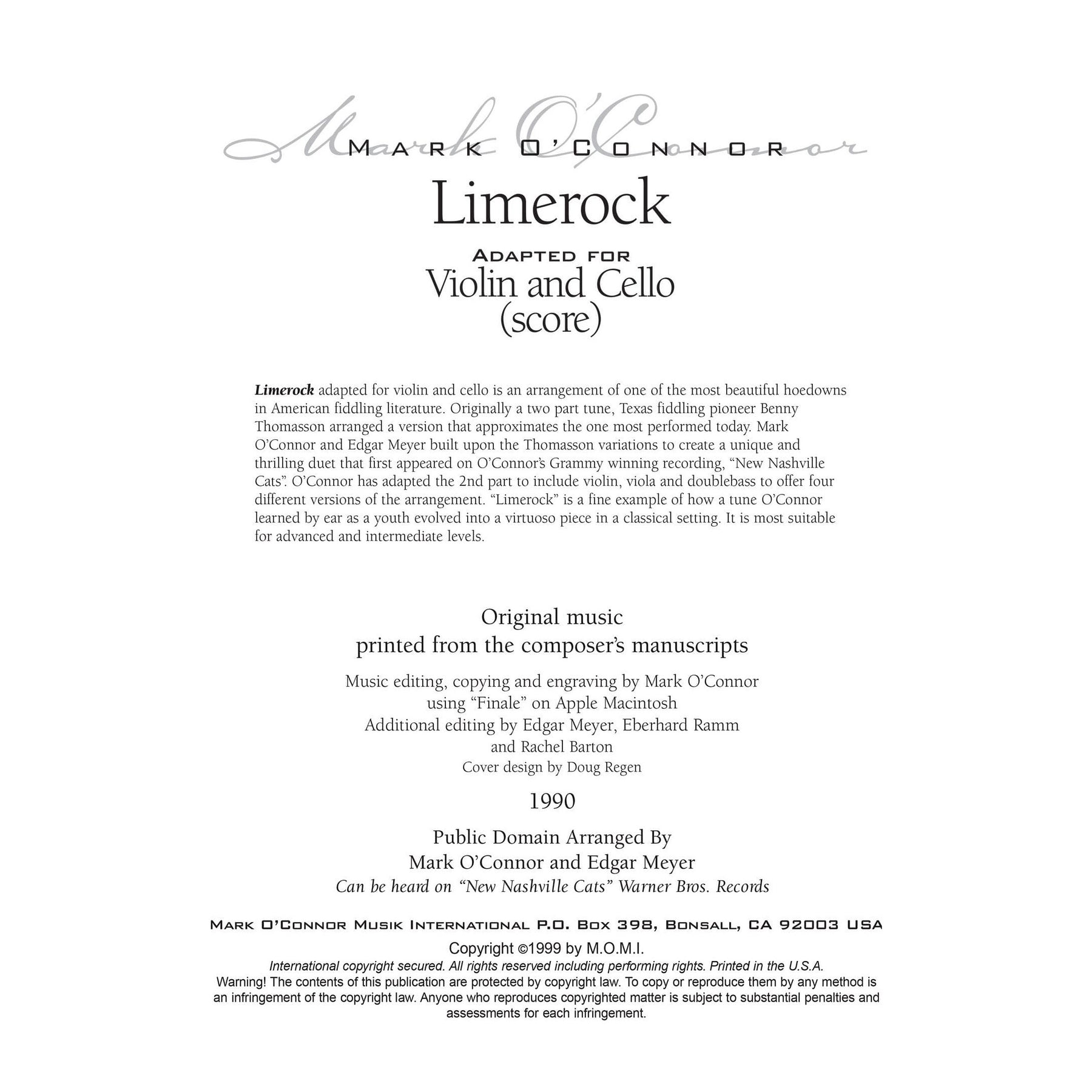 O'Connor, Mark - Limerock for Violin and Cello - Score - Digital Download