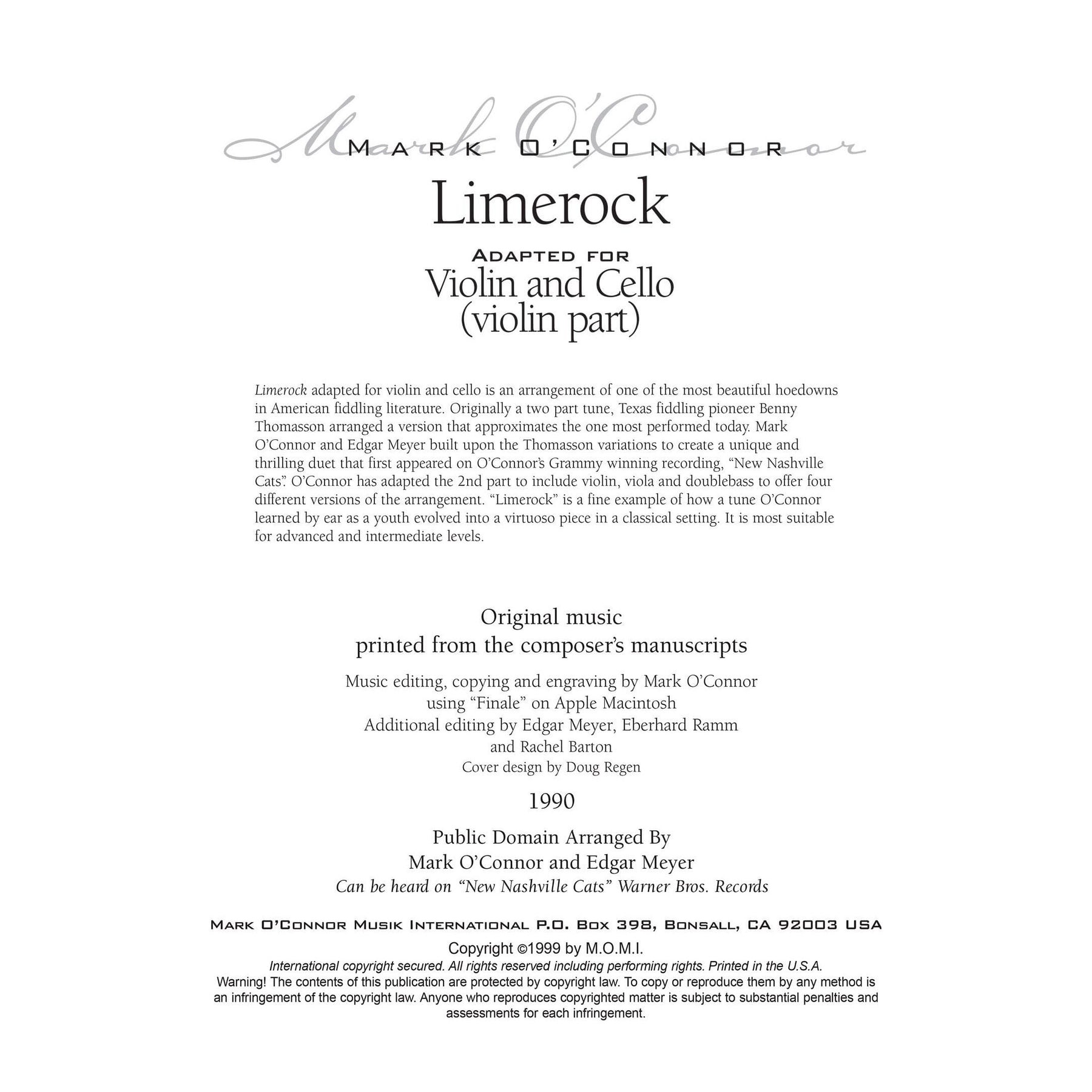 O'Connor, Mark - Limerock for Violin and Cello - Violin - Digital Download