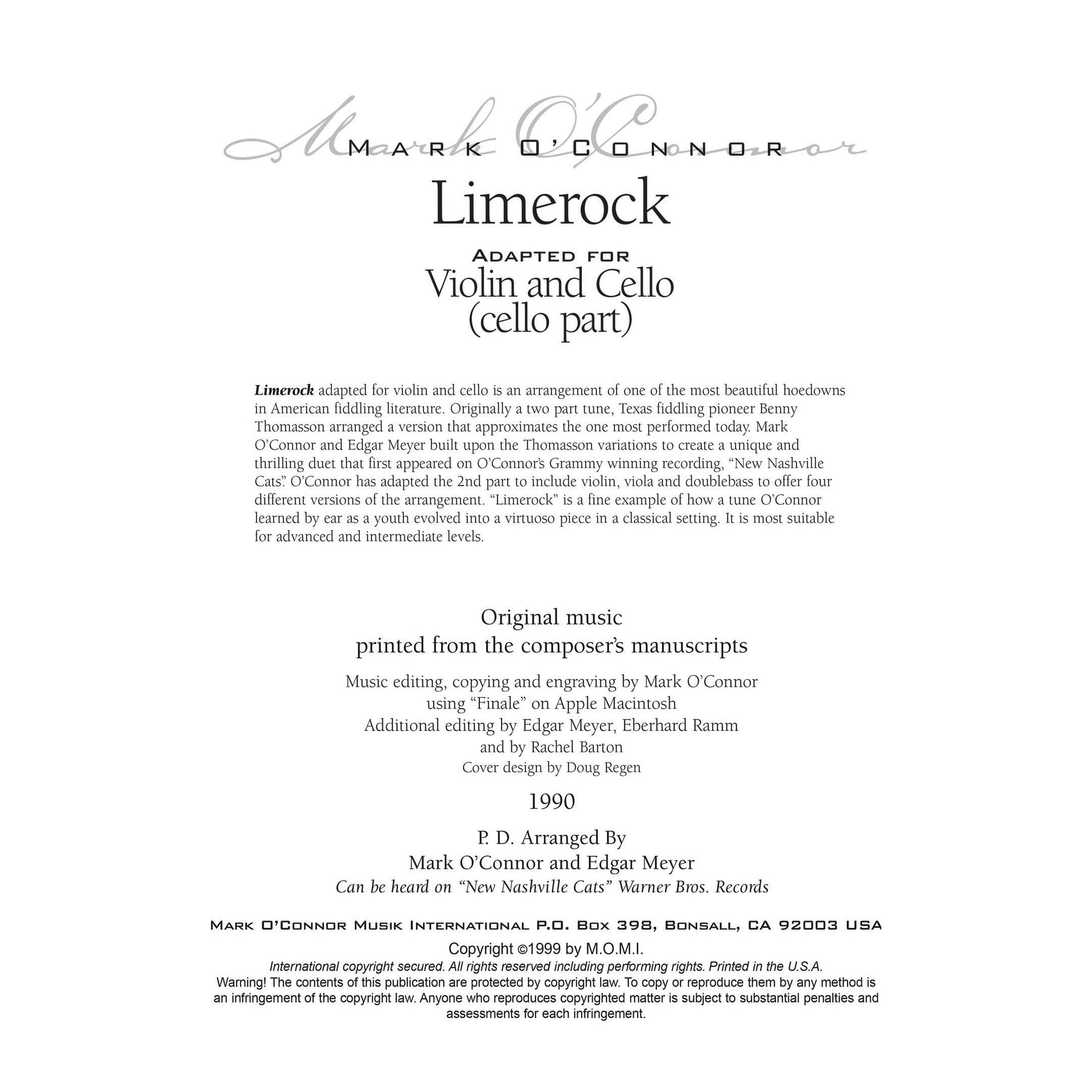 O'Connor, Mark - Limerock for Violin and Cello - Cello - Digital Download