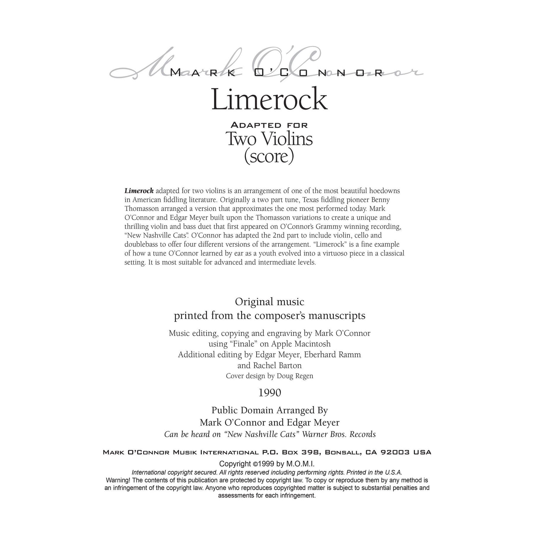O'Connor, Mark - Limerock for 2 Violins - Score - Digital Download