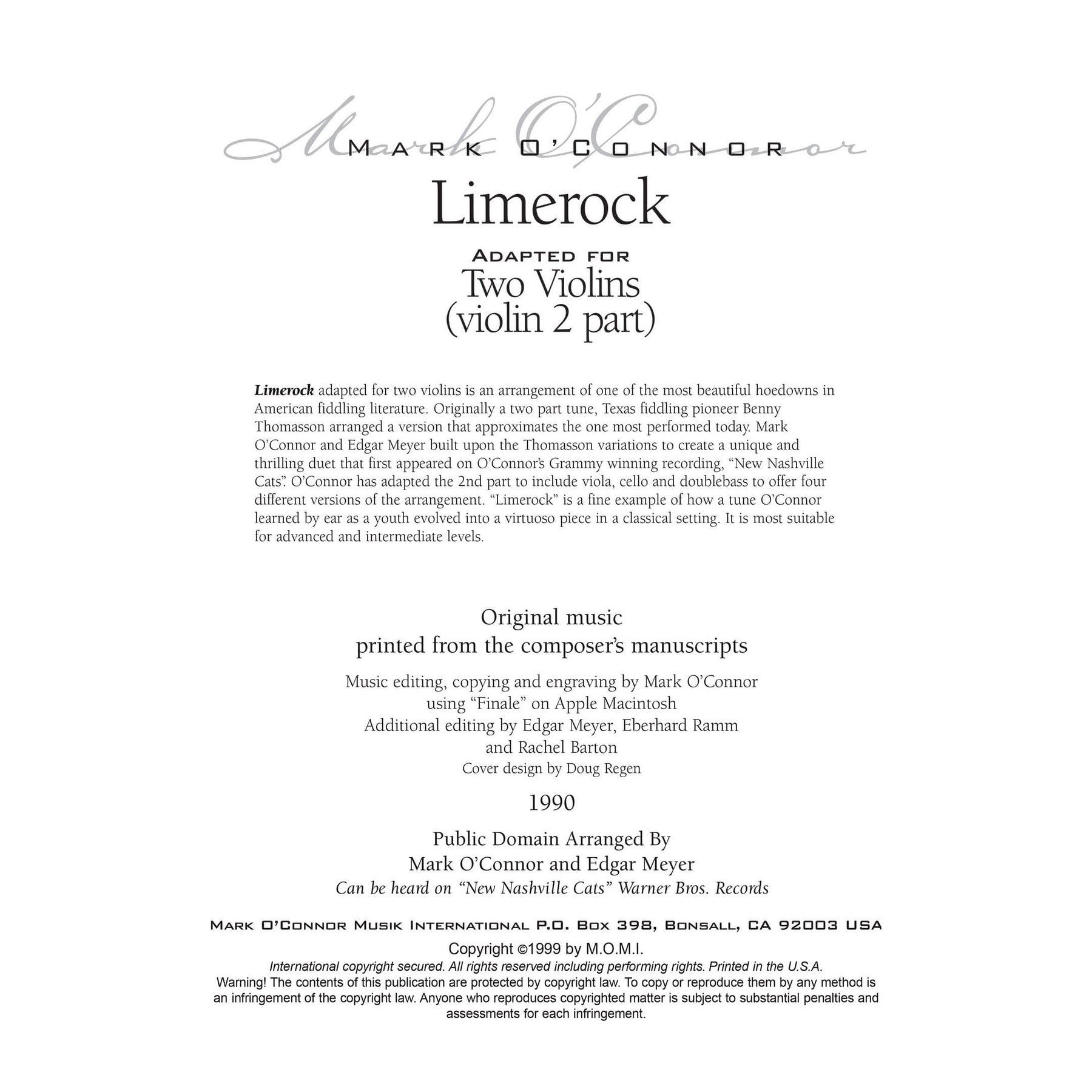 O'Connor, Mark - Limerock for 2 Violins - Violin 2 - Digital Download